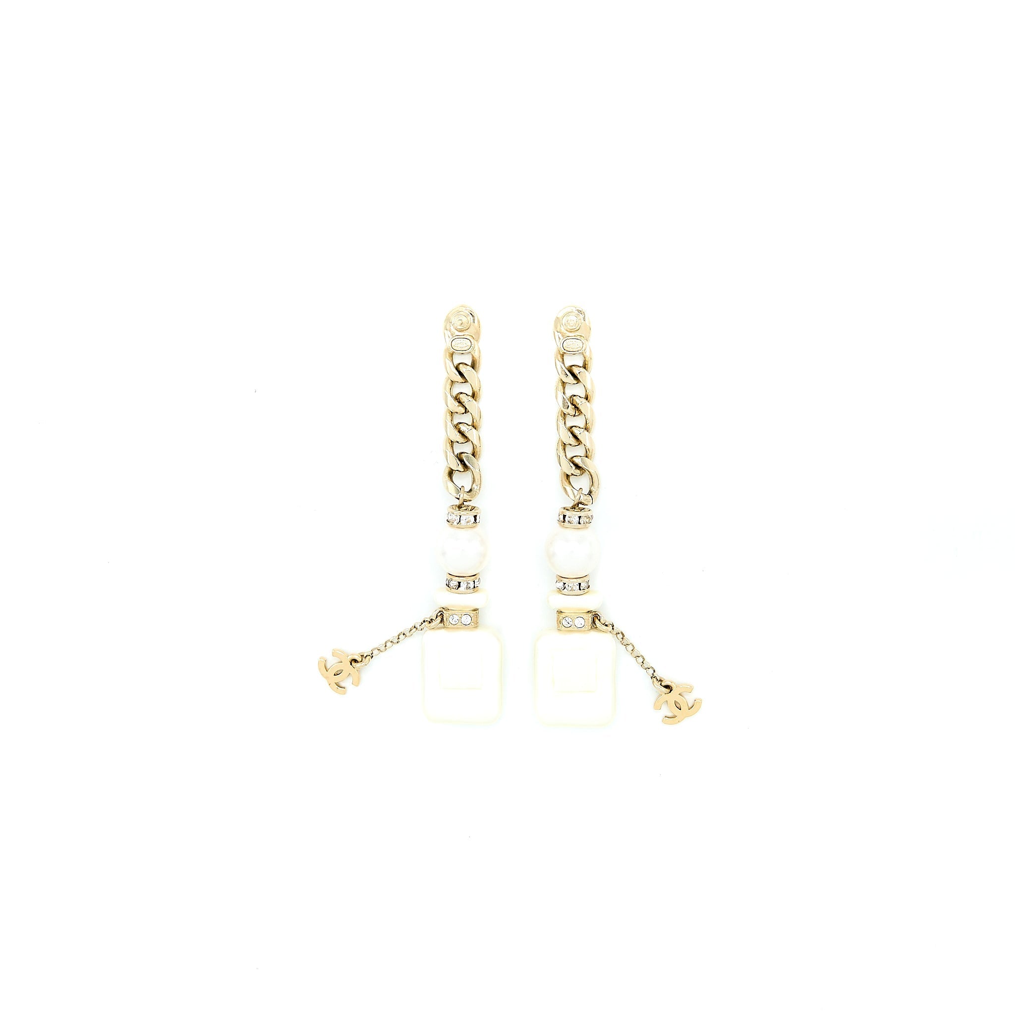 CHANEL NO.5 PERFUME BOTTLE PEARL DROP EARRINGS LIGHT GOLD TONE