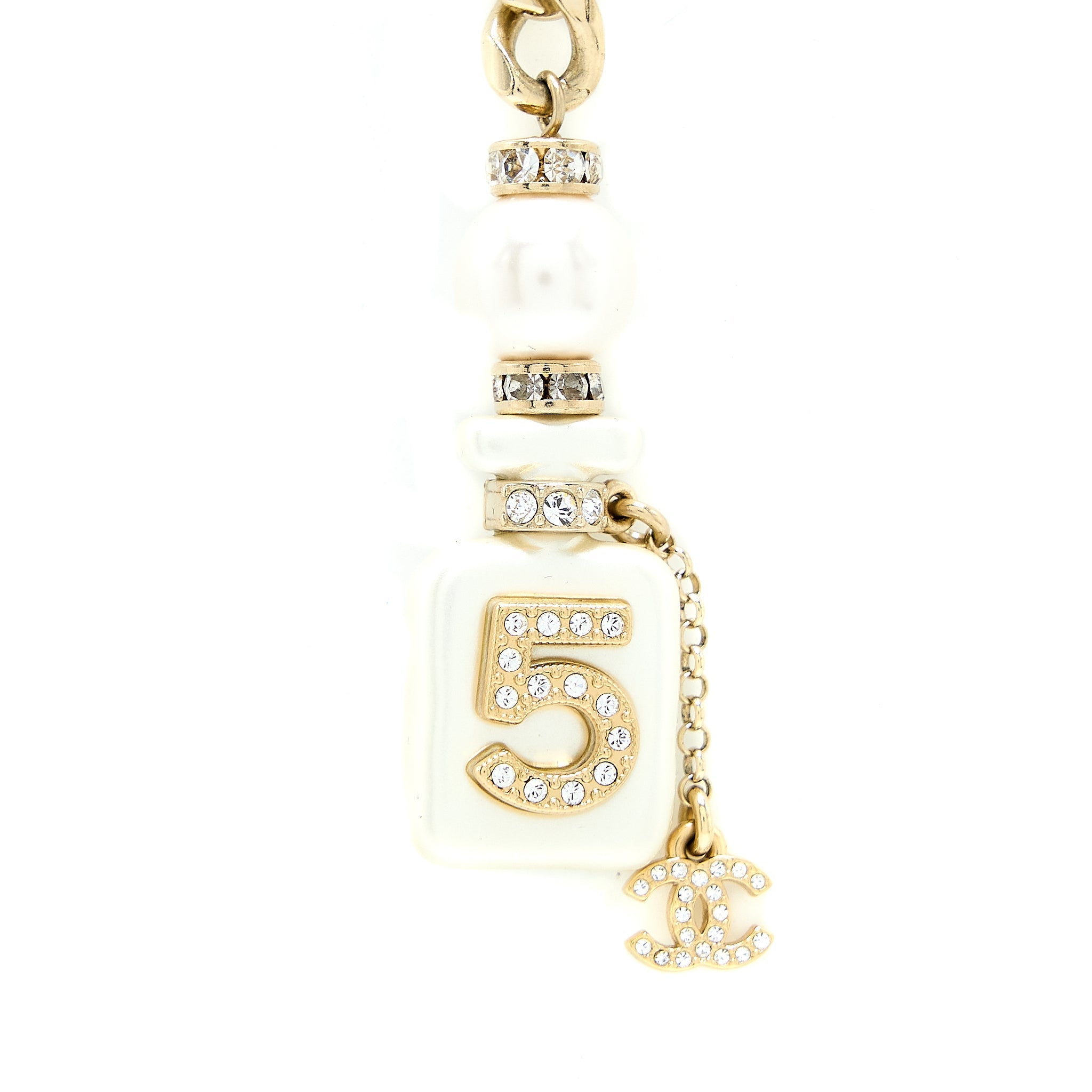 CHANEL NO.5 PERFUME BOTTLE PEARL DROP EARRINGS LIGHT GOLD TONE