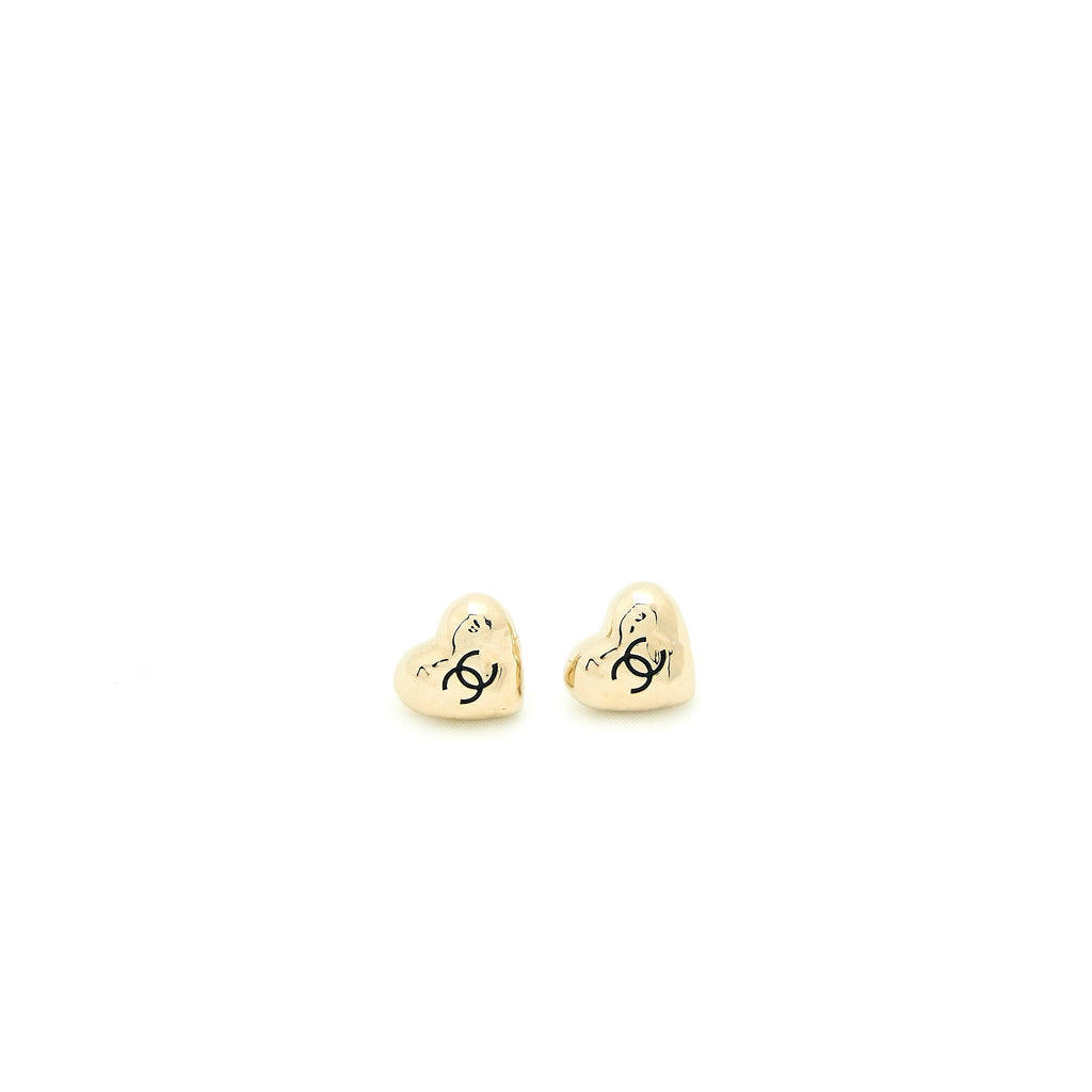 CHANEL SMALL HEART LOGO EARRINGS LIGHT GOLD TONE