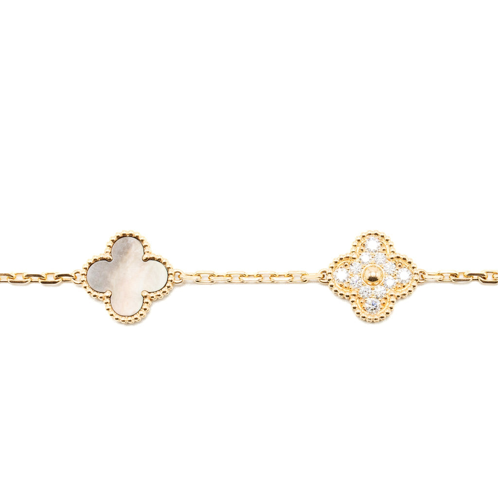 VAN CLEEF & ARPELS VINTAGE ALHAMBRA BRACELET, 5 MOTIFS GREY MOTHER OF PEARL / ROSE GOLD/ DIAMONDS