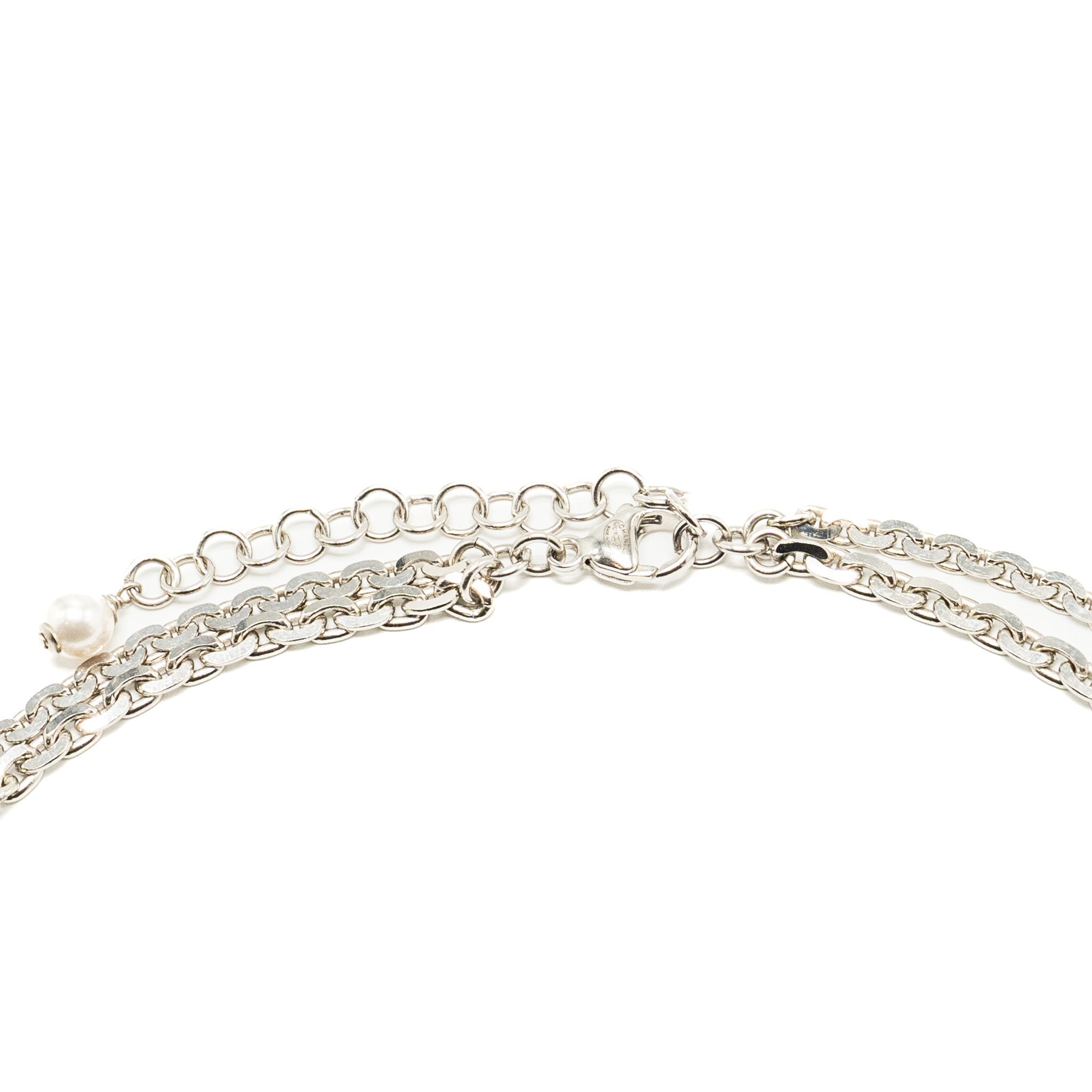 CHANEL GIANT CC LOGO DOUBLE CHAIN NECKLACE CRYSTAL/ PEARL BLUE SILVER TONE