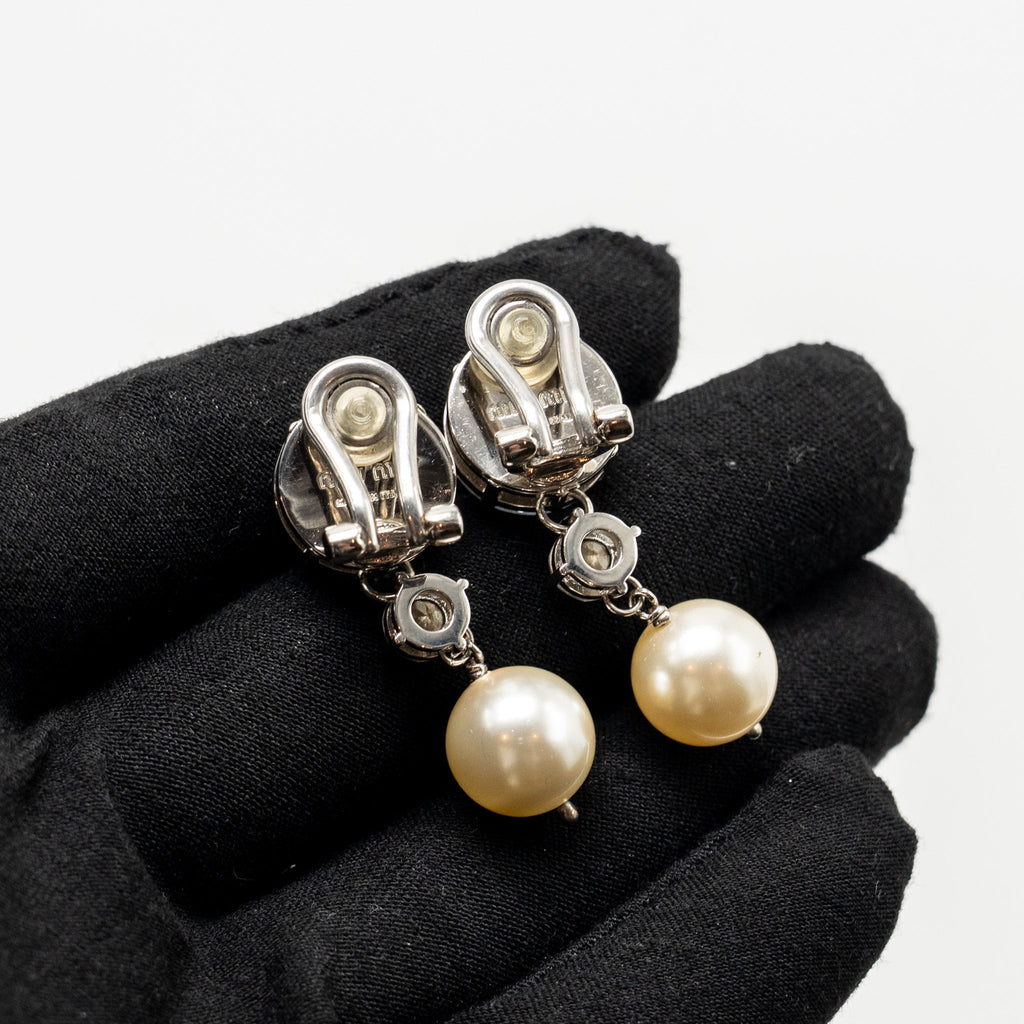 GUCCI GG CRYSTAL GOLD TONE AND MIU MIU PEARL DROP CRYSTAL SILVER TONE CLIP-ON EARRINGS (SELL IN A SET)