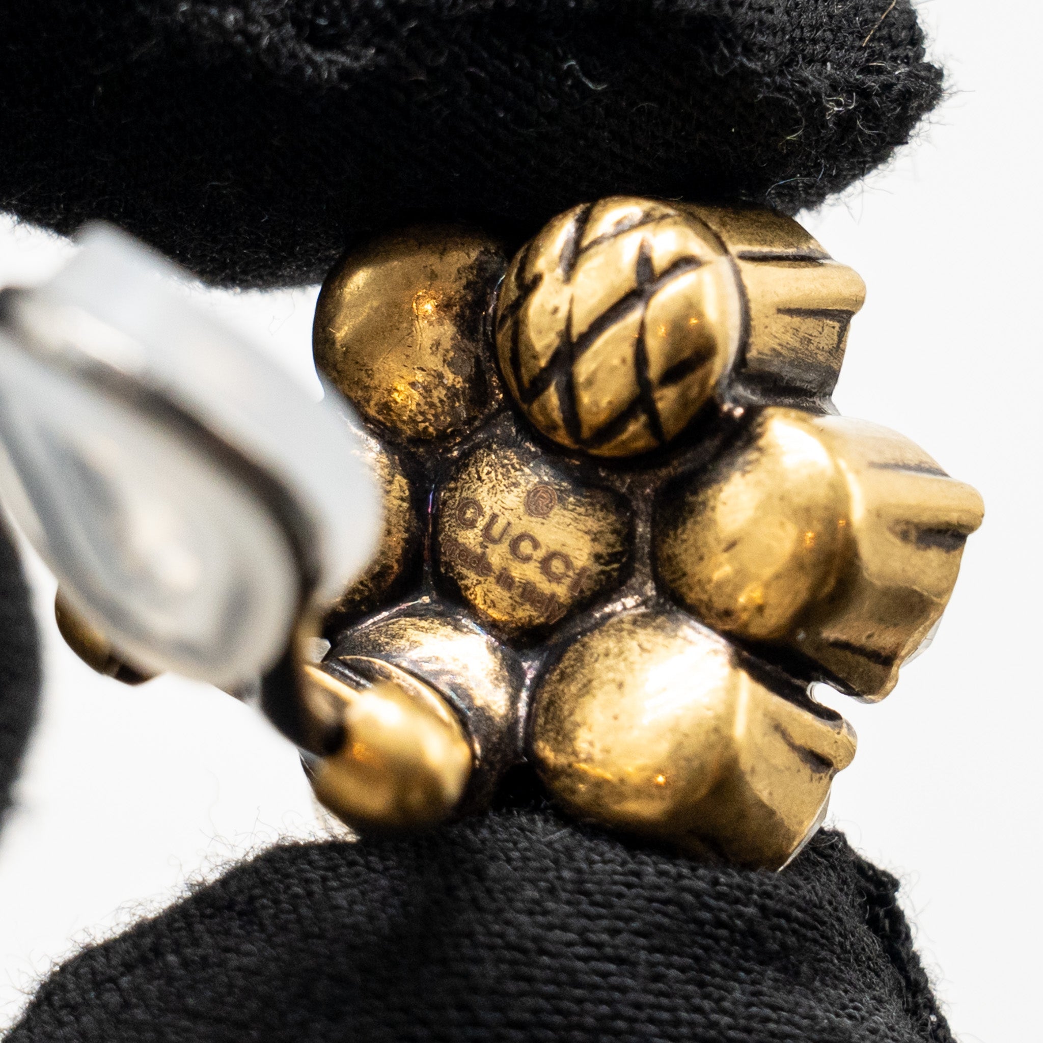 GUCCI GG CRYSTAL GOLD TONE AND MIU MIU PEARL DROP CRYSTAL SILVER TONE CLIP-ON EARRINGS (SELL IN A SET)
