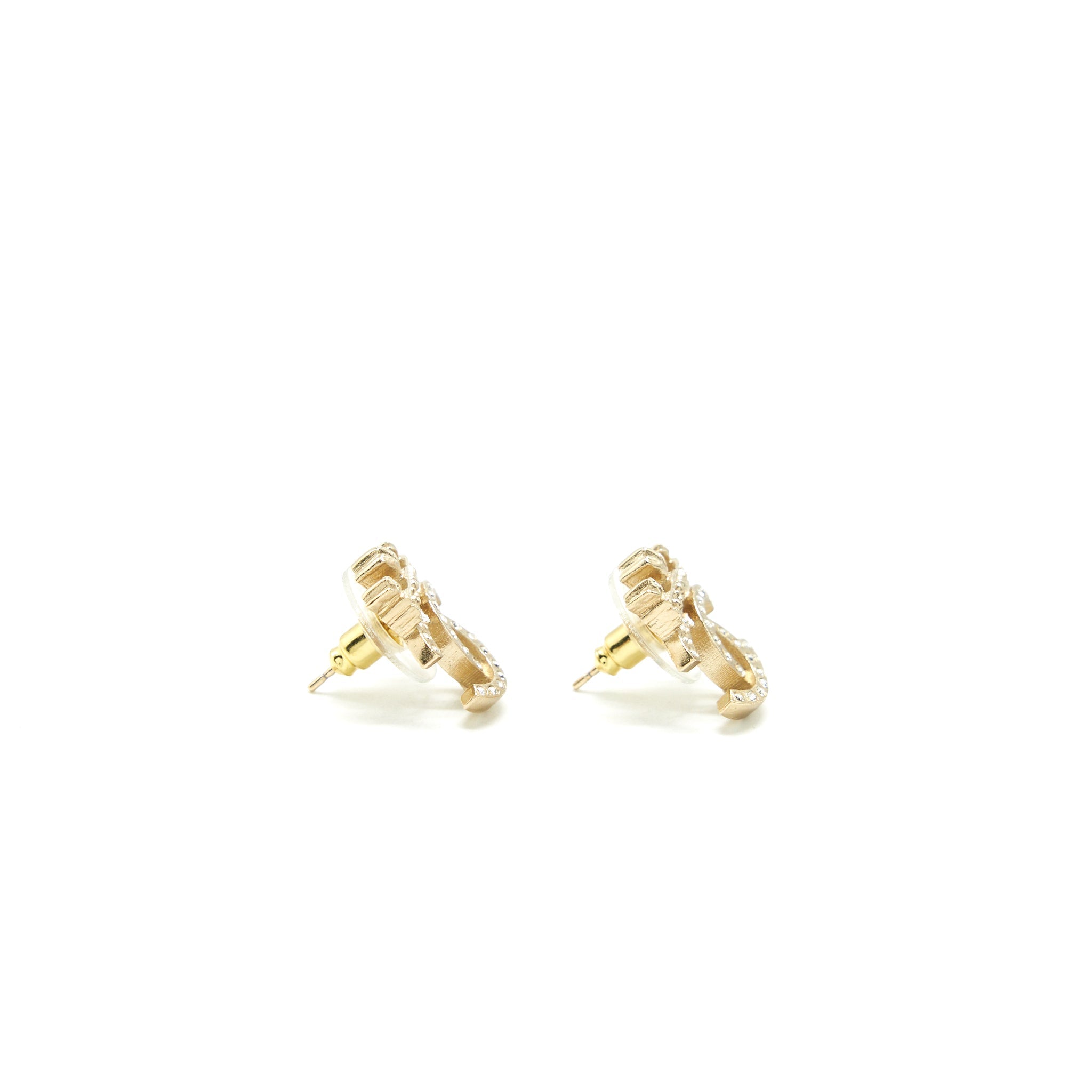 CHANEL CROWN CC LOGO EARRINGS GOLD TONE