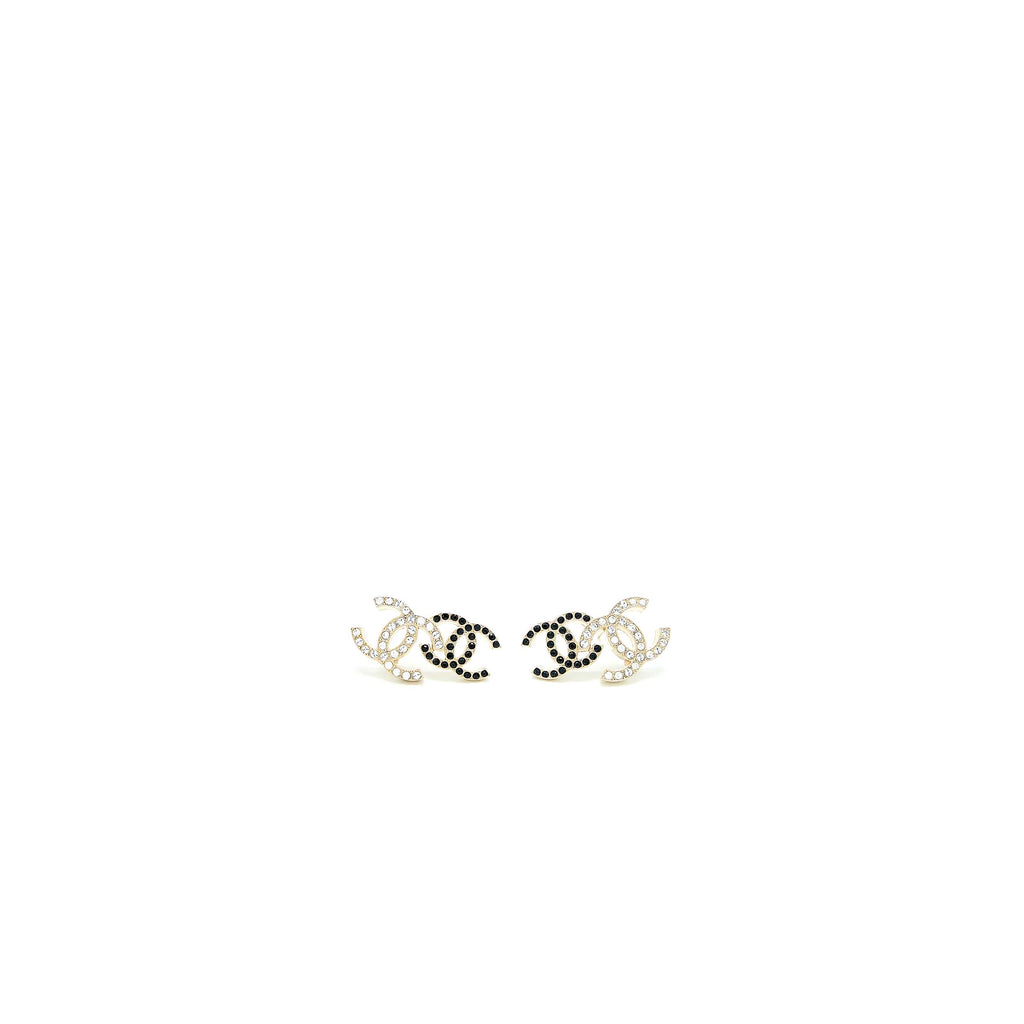 CHANEL DOUBLE CC LOGO CRYSTAL EARRINGS BLACK AND WHITE LIGHT GOLD TONE