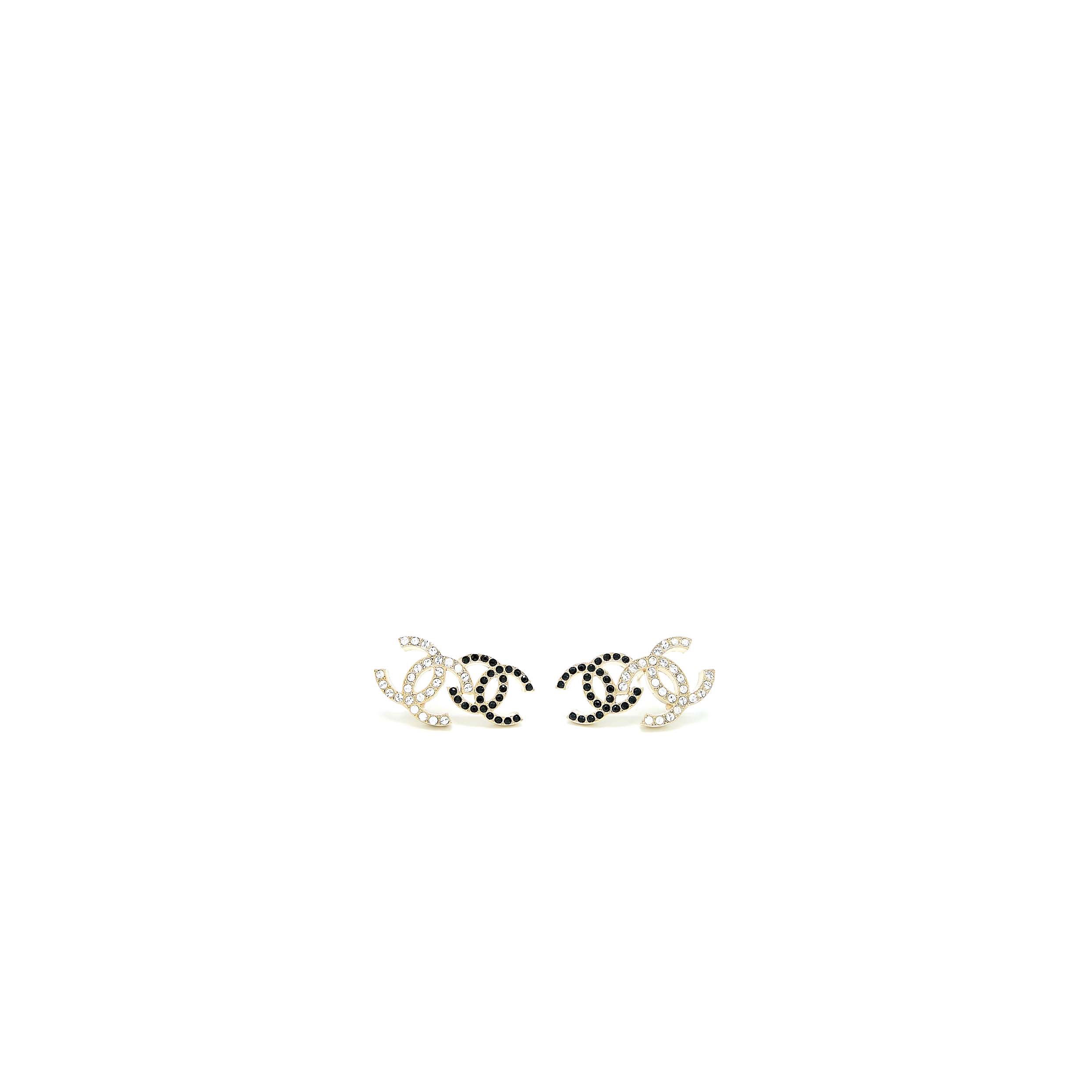 CHANEL DOUBLE CC LOGO CRYSTAL EARRINGS BLACK AND WHITE LIGHT GOLD TONE