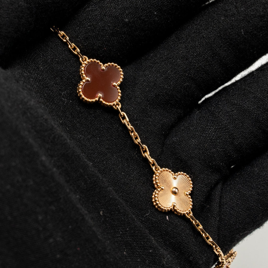 VAN CLEEF AND ARPELS VINTAGE ALHAMBRA 5 MOTIF BRACELET 18K ROSE GOLD / CARNELIAN