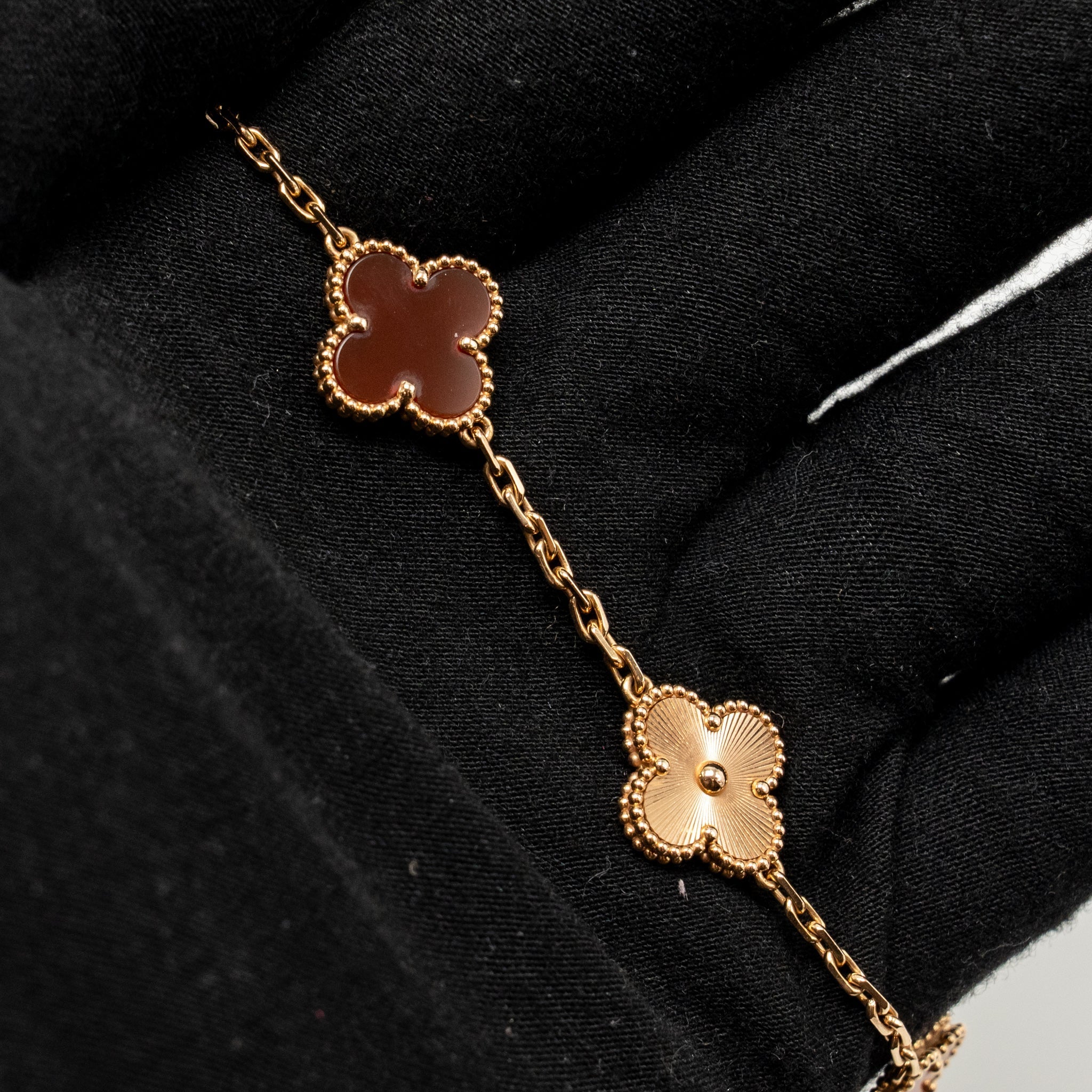 VAN CLEEF AND ARPELS VINTAGE ALHAMBRA 5 MOTIF BRACELET 18K ROSE GOLD / CARNELIAN