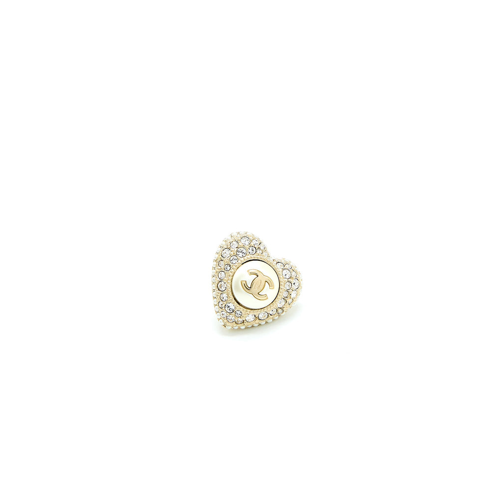 CHANEL CC LOGO HEART EARRINGS CRYSTAL/PEARL LIGHT GOLD TONE