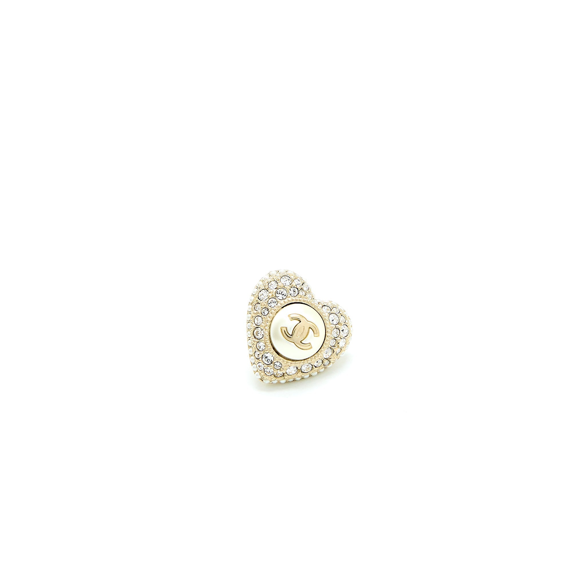 CHANEL CC LOGO HEART EARRINGS CRYSTAL/PEARL LIGHT GOLD TONE