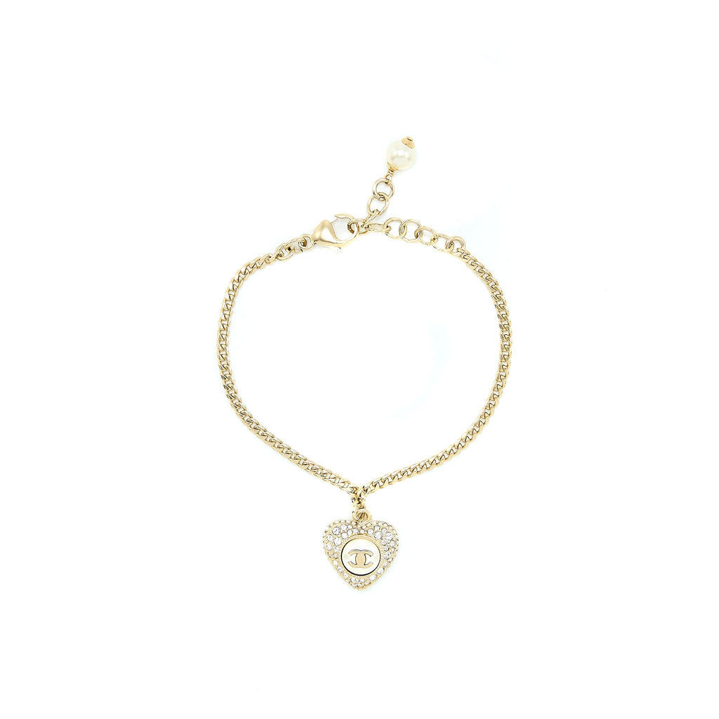 CHANEL HEART PEARL BRACELET WITH CC LOGO CRYSTAL LIGHT GOLD TONE