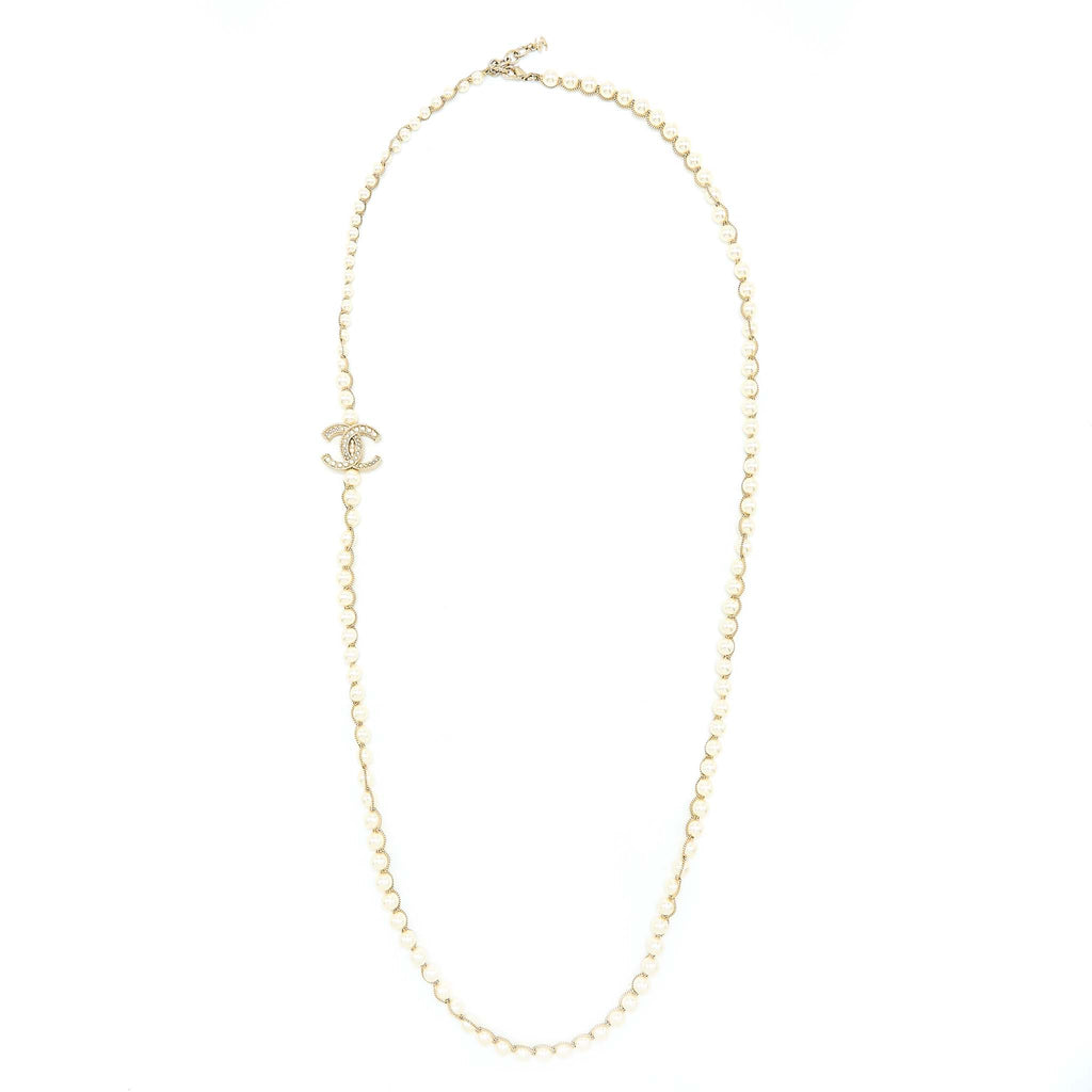 CHANEL CC LOGO LONG NECKLACE PEARL BRUSHED LIGHT GOLD TONE