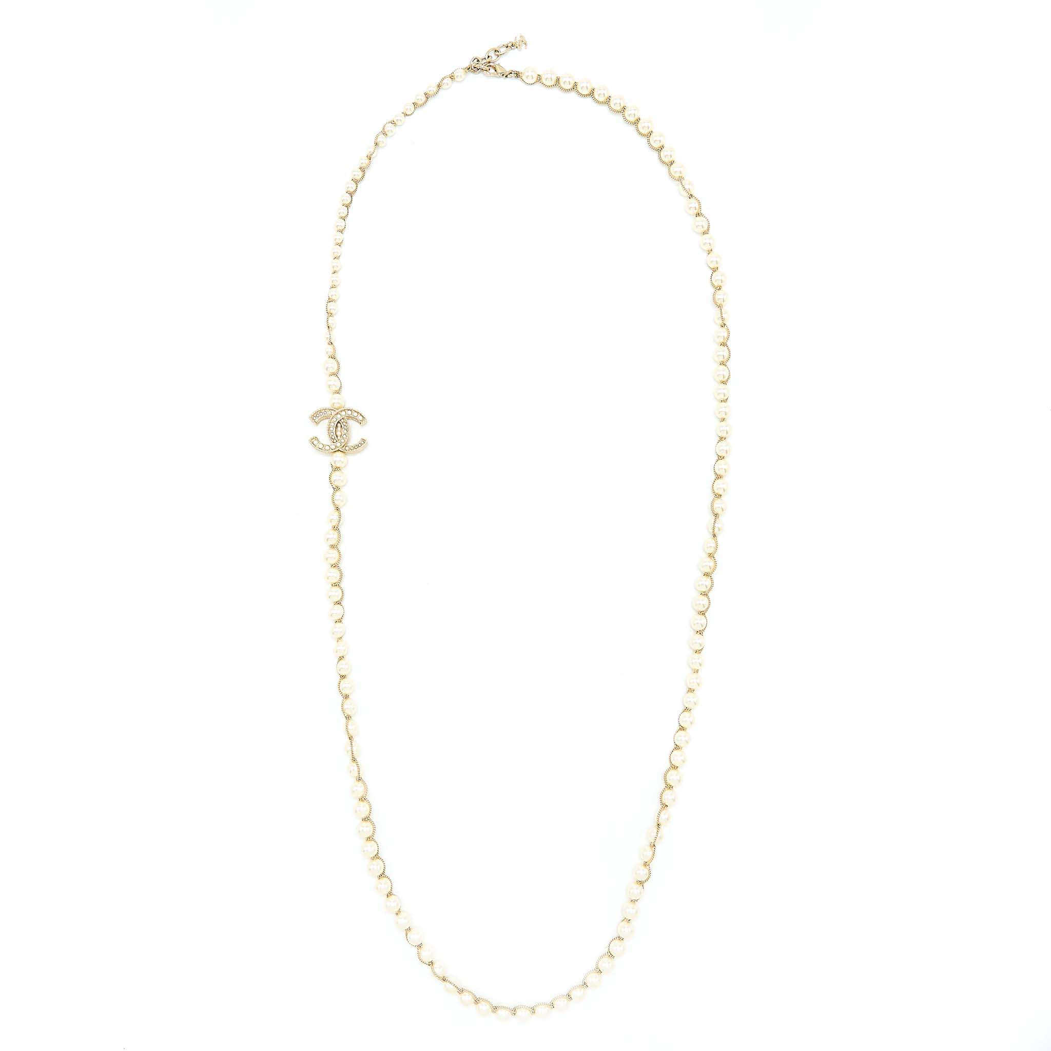 CHANEL CC LOGO LONG NECKLACE PEARL BRUSHED LIGHT GOLD TONE