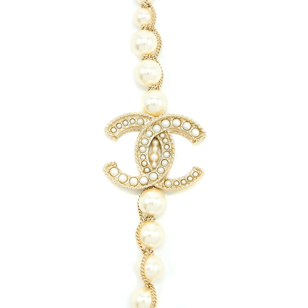 CHANEL CC LOGO LONG NECKLACE PEARL BRUSHED LIGHT GOLD TONE