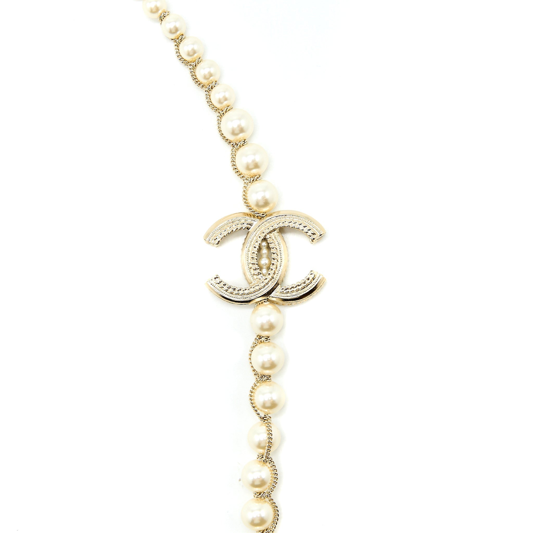 CHANEL CC LOGO LONG NECKLACE PEARL BRUSHED LIGHT GOLD TONE