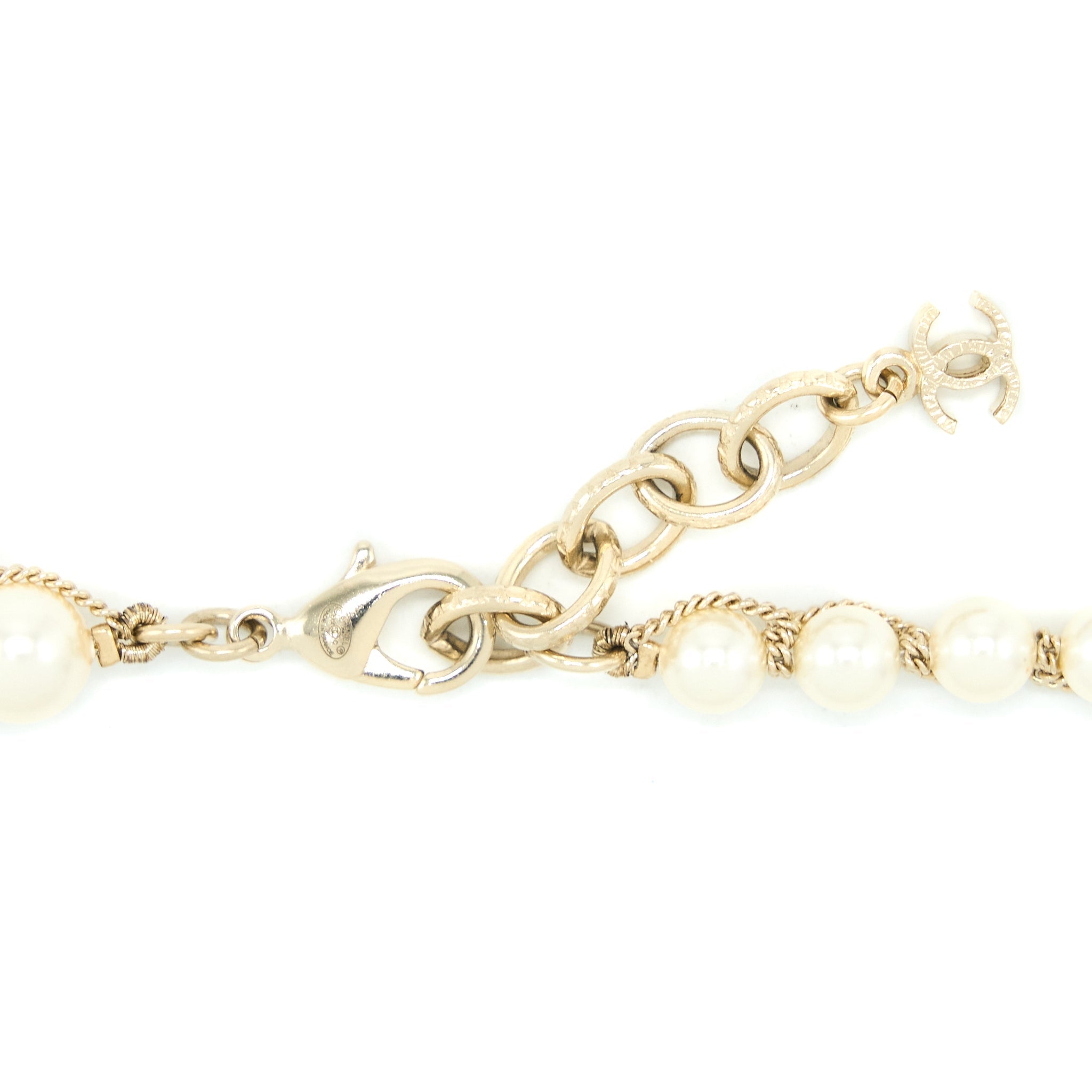 CHANEL CC LOGO LONG NECKLACE PEARL BRUSHED LIGHT GOLD TONE