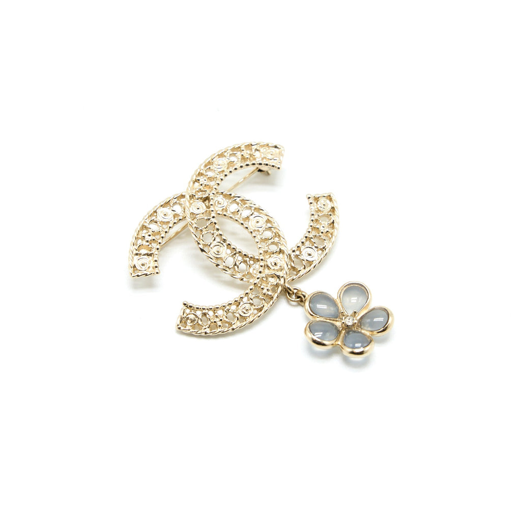 CHANEL CC LOGO BROOCH CAMELLIA DROP BRUSHED GHW