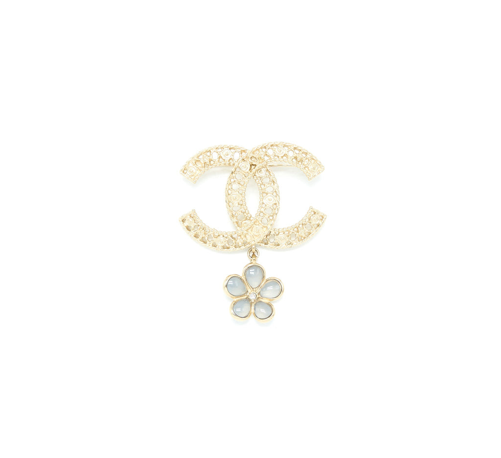 CHANEL CC LOGO BROOCH CAMELLIA DROP BRUSHED GHW