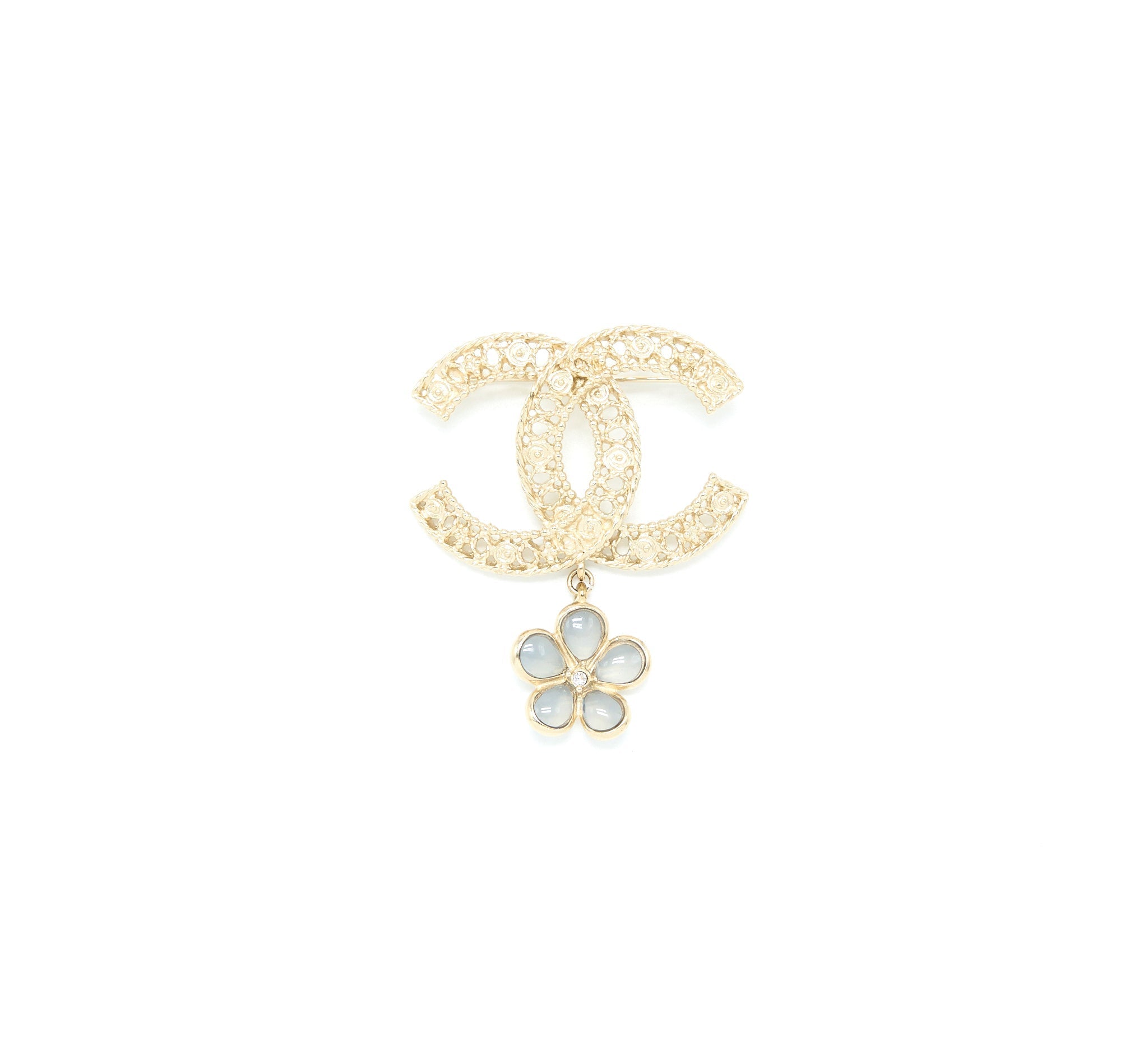 CHANEL CC LOGO BROOCH CAMELLIA DROP BRUSHED GHW