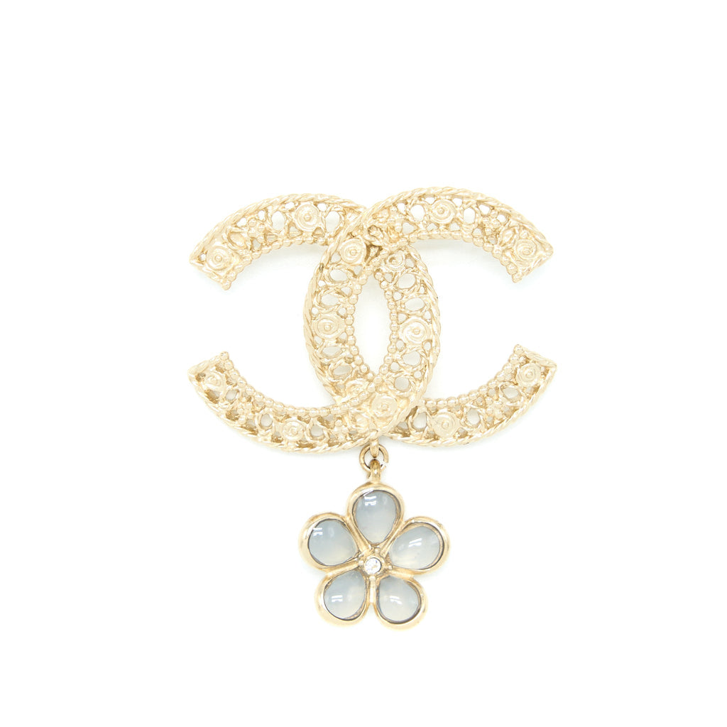 CHANEL CC LOGO BROOCH CAMELLIA DROP BRUSHED GHW
