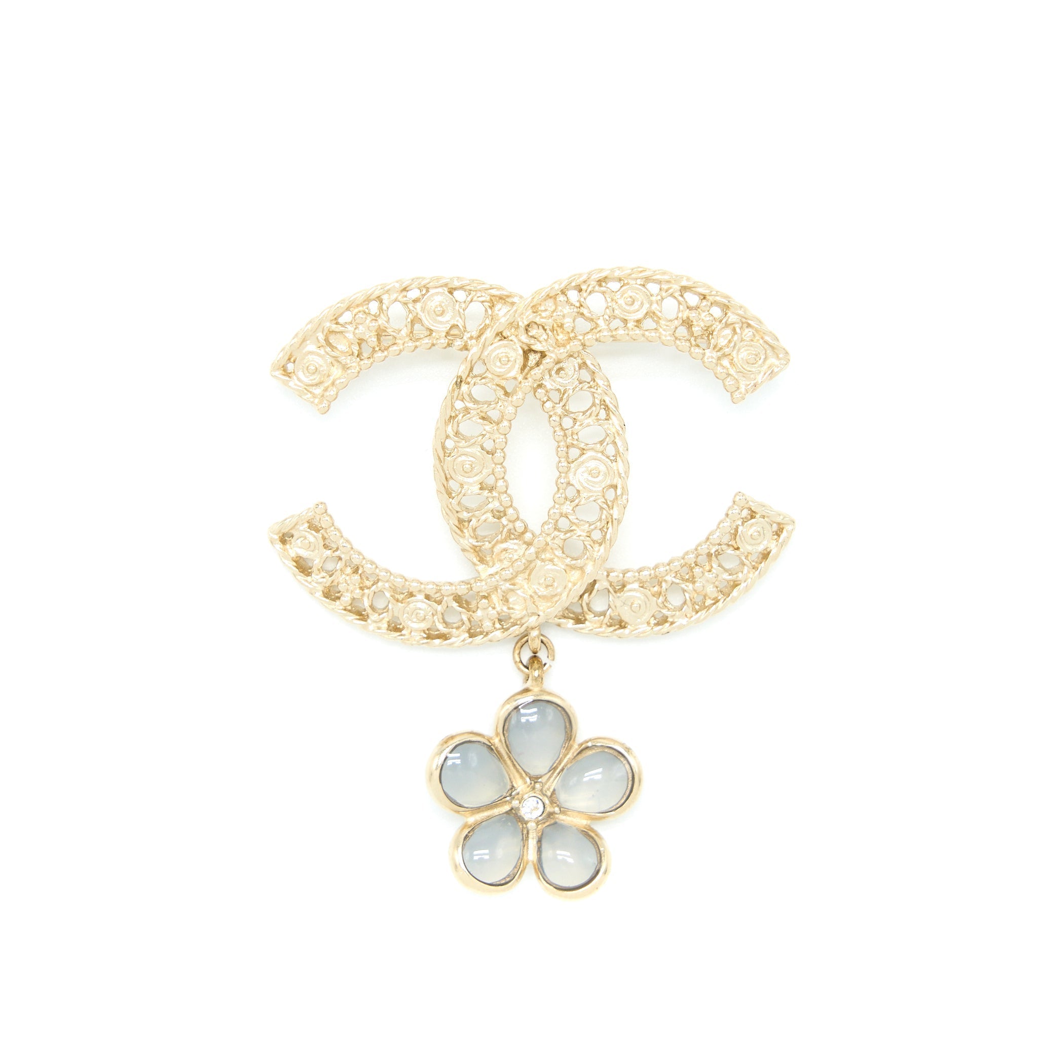 CHANEL CC LOGO BROOCH CAMELLIA DROP BRUSHED GHW