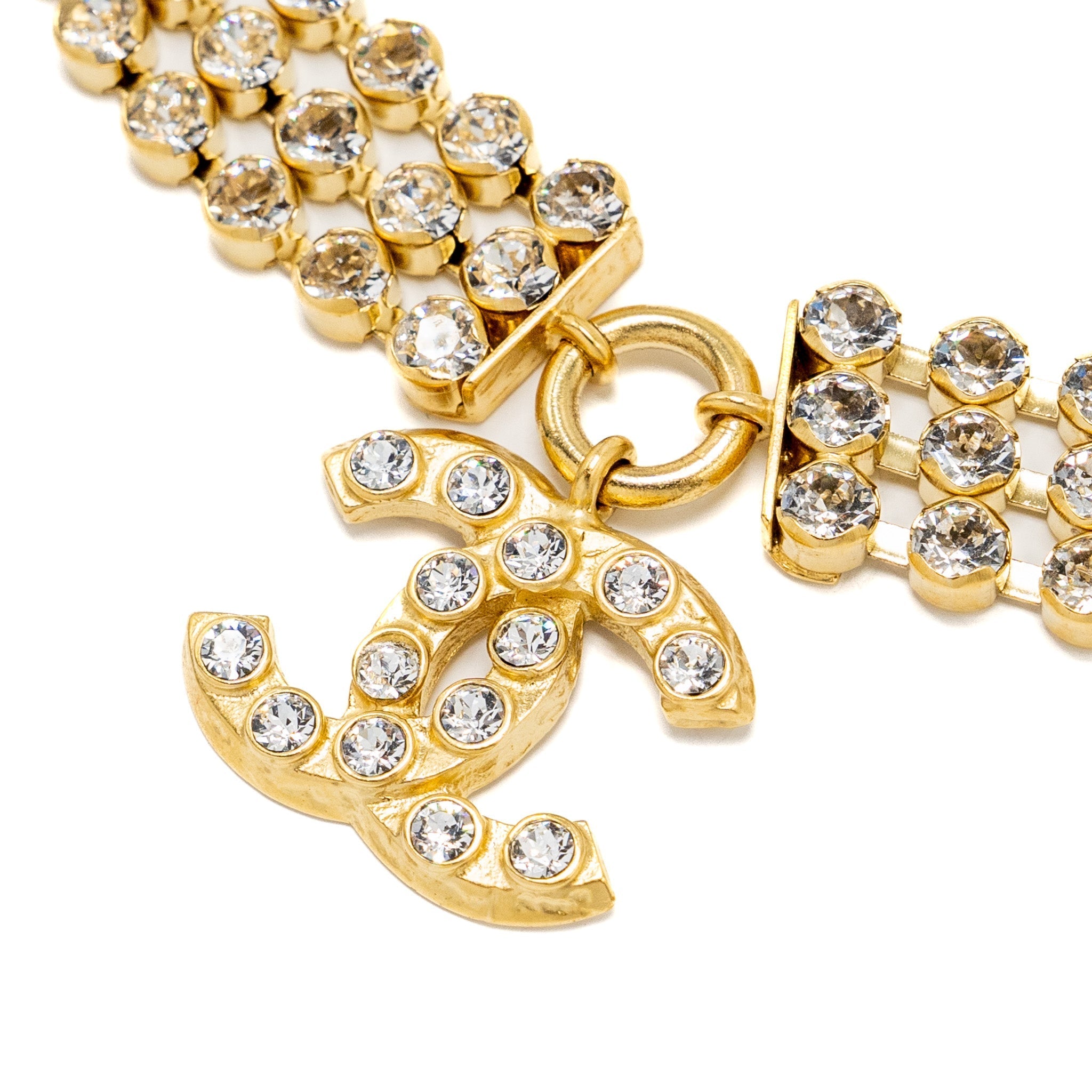 CHANEL CC LOGO AND CRYSTAL CHOCKER GOLD TONE