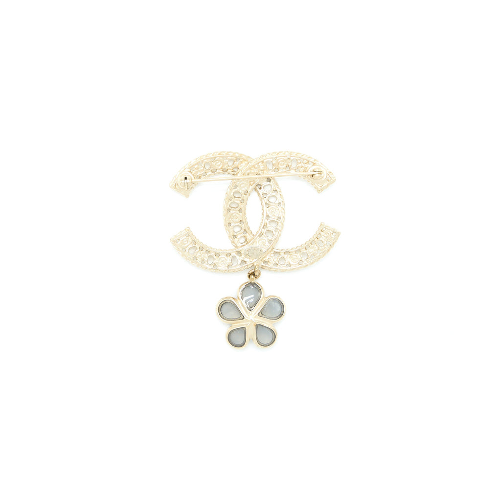 CHANEL CC LOGO BROOCH CAMELLIA DROP BRUSHED GHW