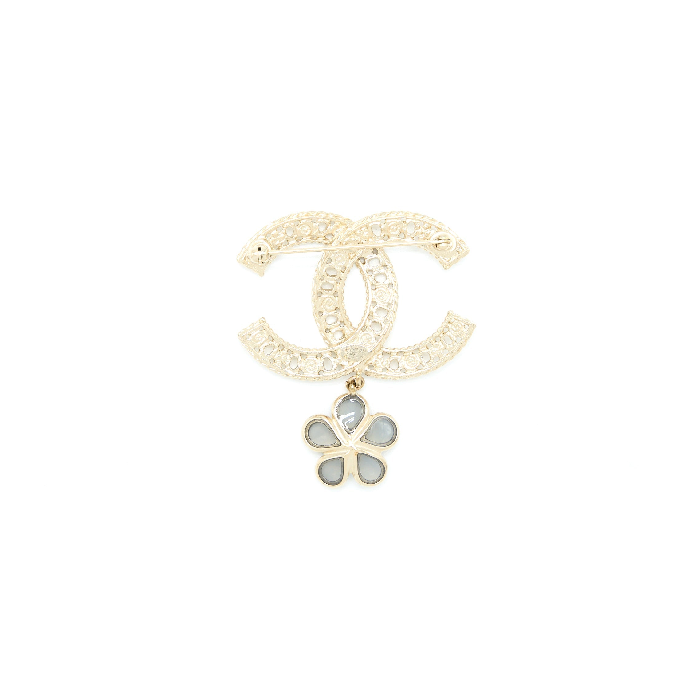 CHANEL CC LOGO BROOCH CAMELLIA DROP BRUSHED GHW