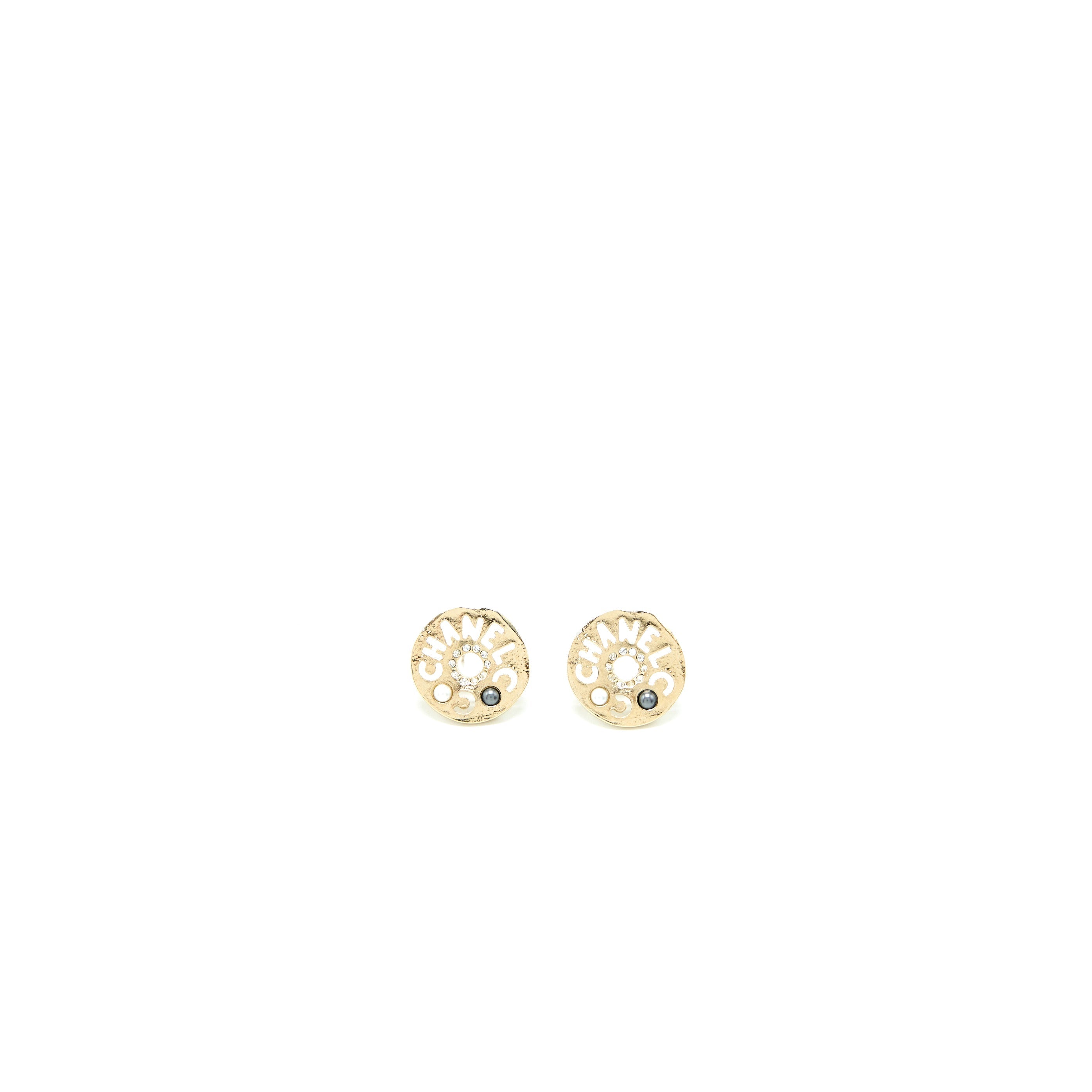CHANEL ROUND LETTERS EARRINGS CRYSTAL PEARL LGHW