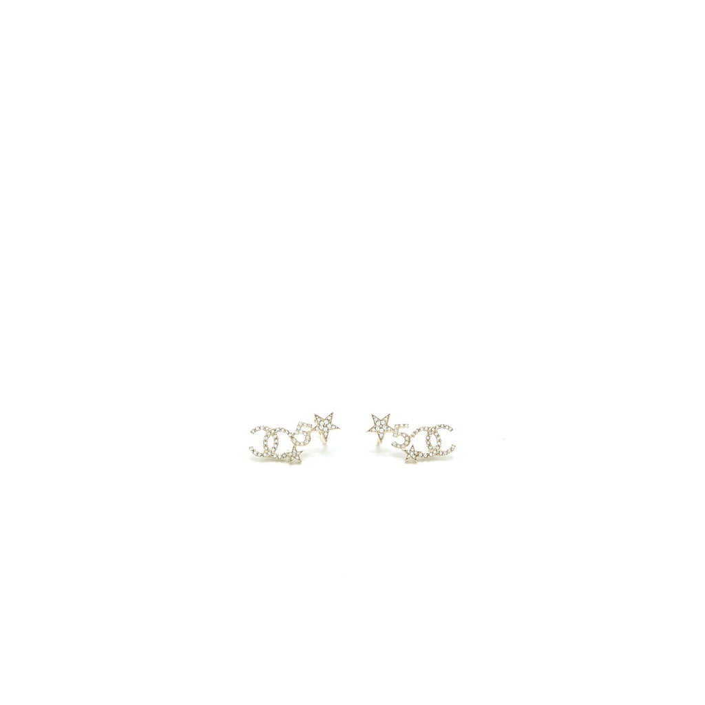 CHANEL CC LOGO NO.5 STAR EARRINGS CRYSTAL LIGHT GOLD TONE