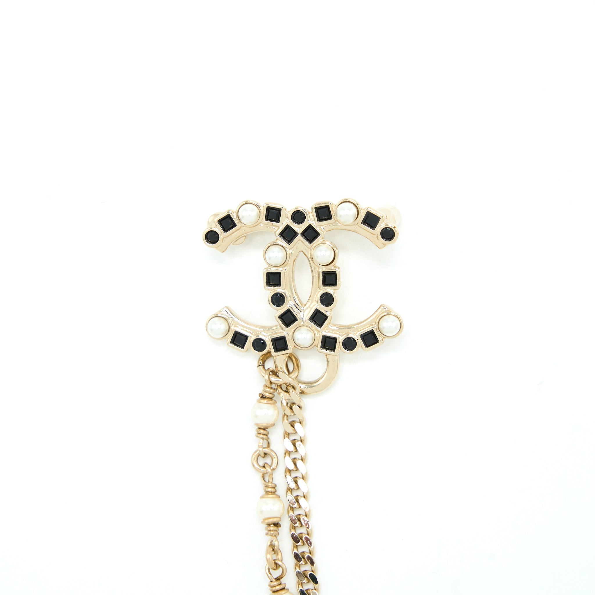 CHANEL CC LOGO CHAIN BROOCH CRYSTAL LIGHT GOLD TONE