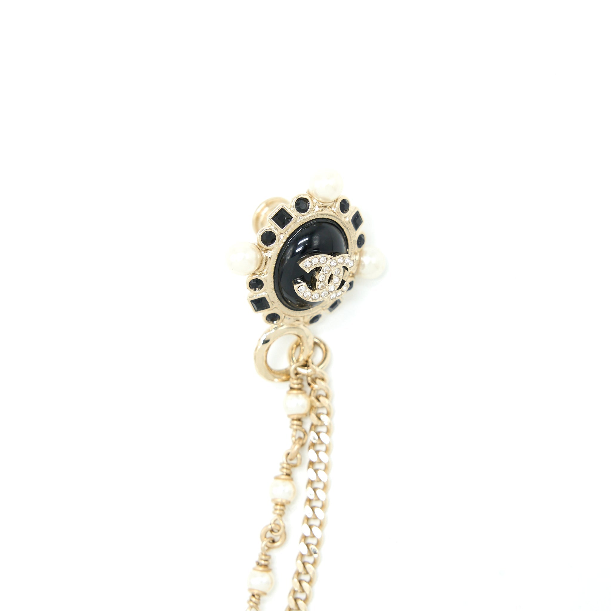 CHANEL CC LOGO CHAIN BROOCH CRYSTAL LIGHT GOLD TONE