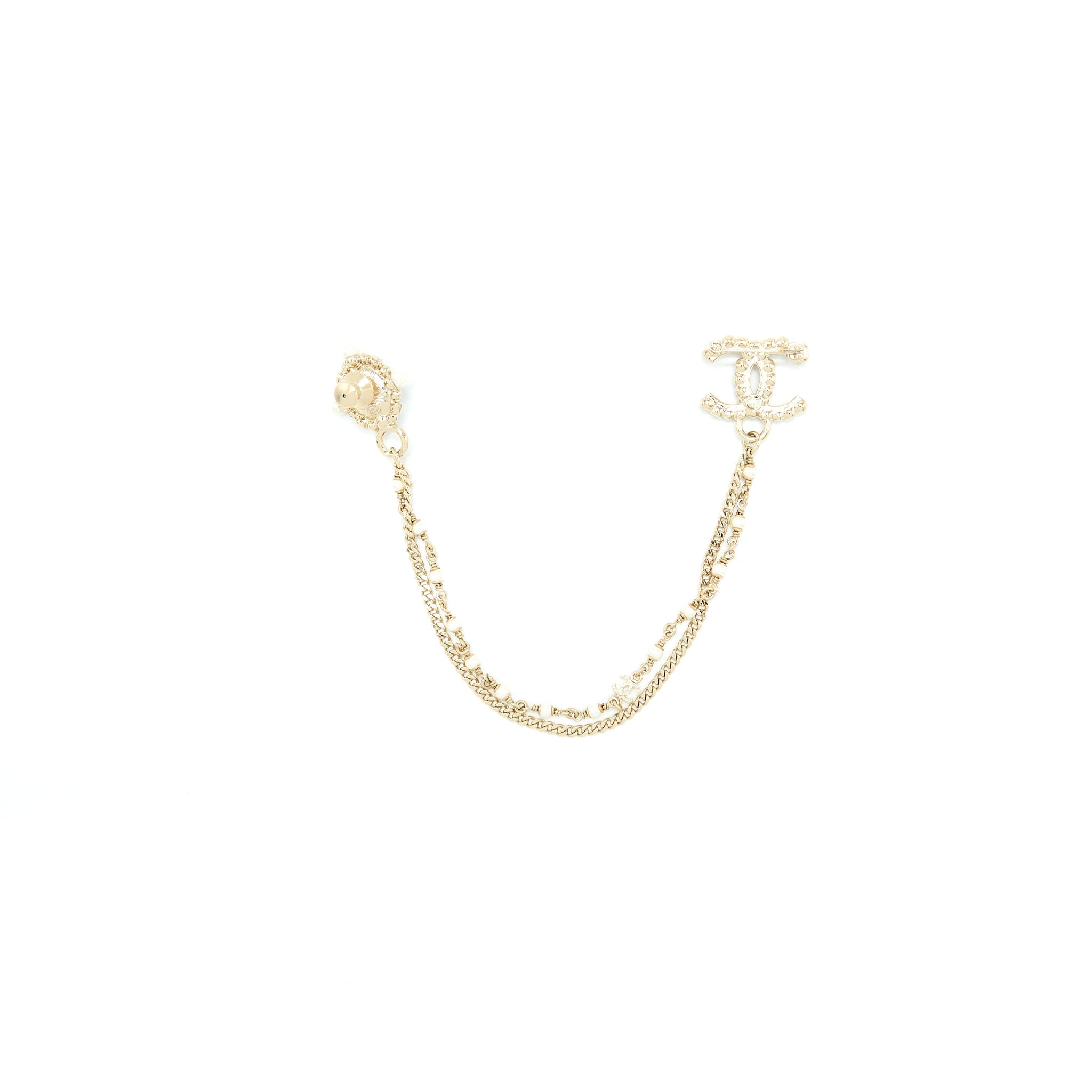 CHANEL CC LOGO CHAIN BROOCH CRYSTAL LIGHT GOLD TONE