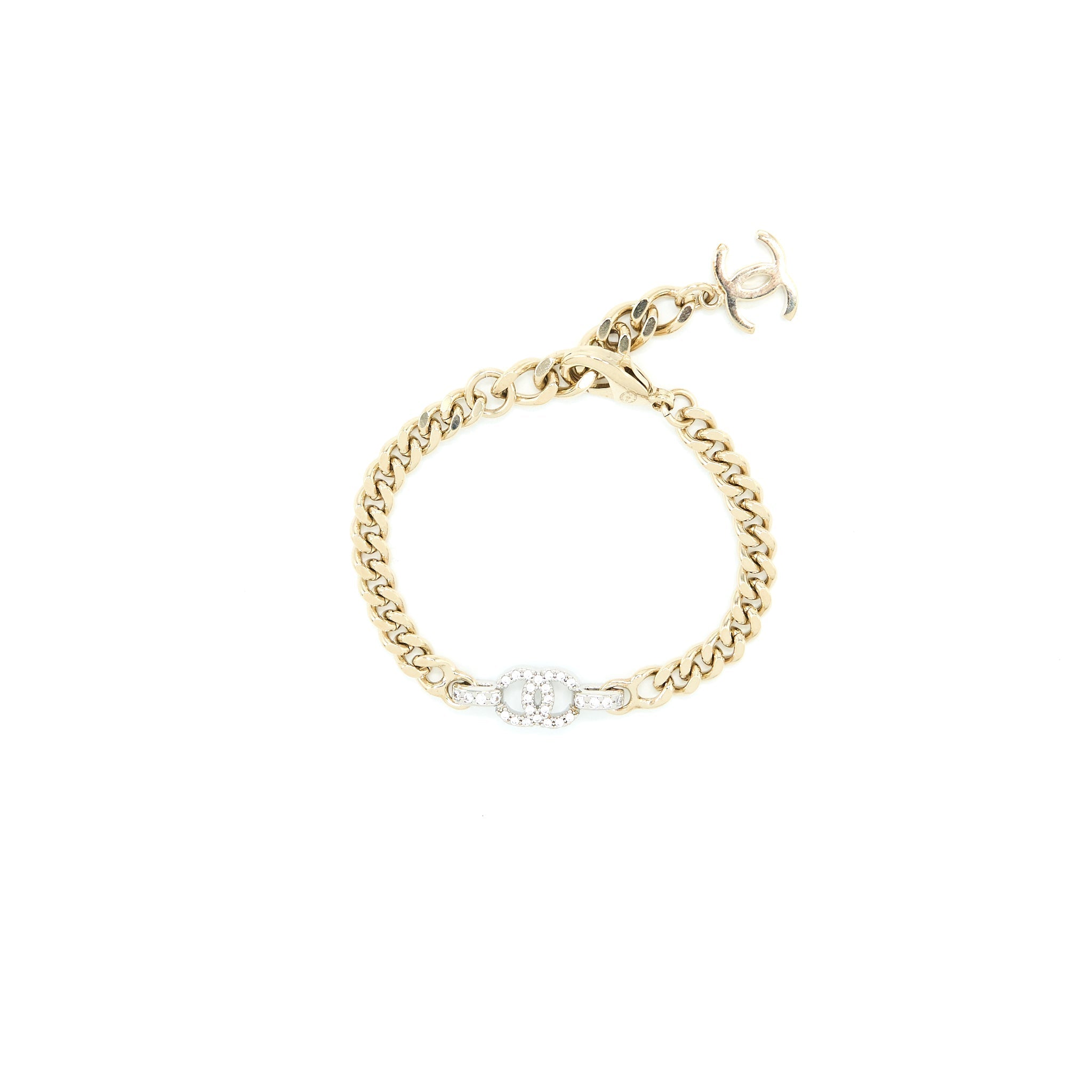 CHANEL CC LOGO CHAIN VU BRACELET CRYSTAL LIGHT GOLD TONE