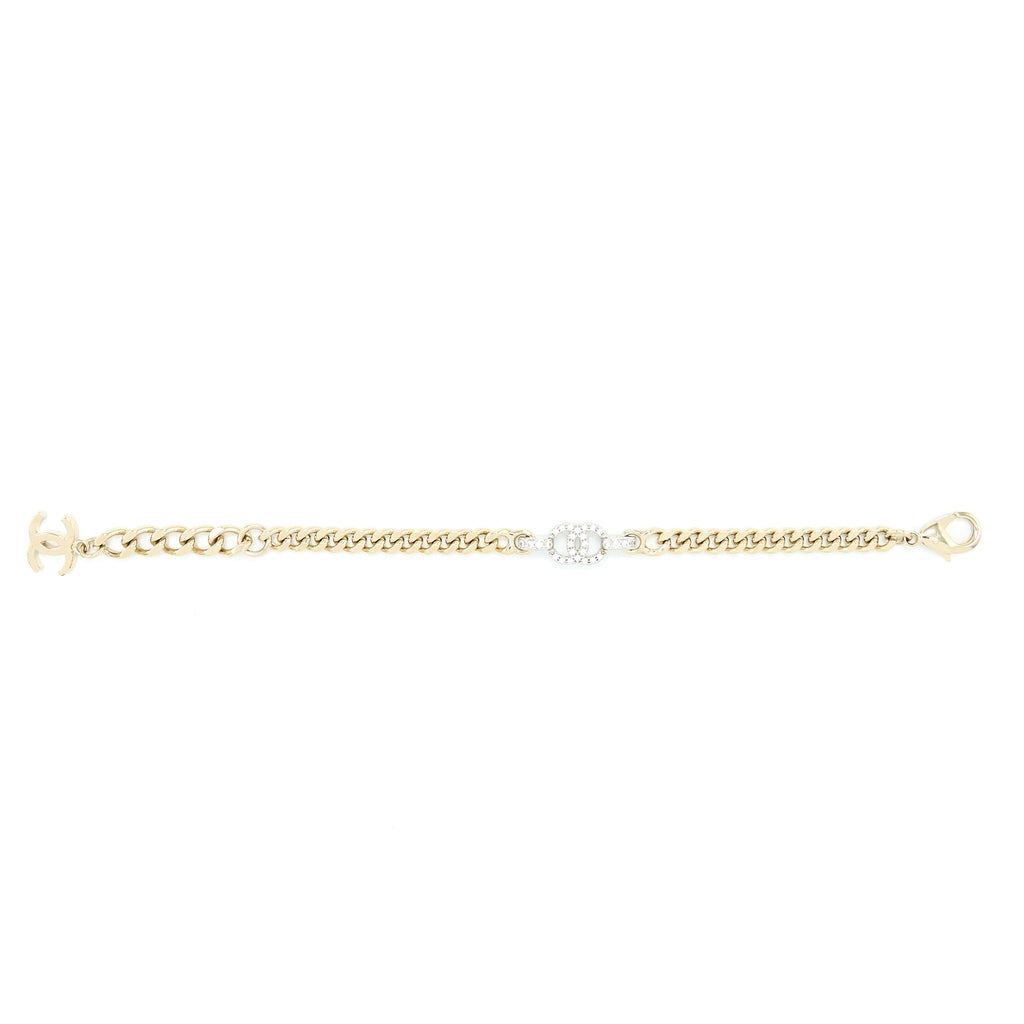 CHANEL CC LOGO CHAIN VU BRACELET CRYSTAL LIGHT GOLD TONE