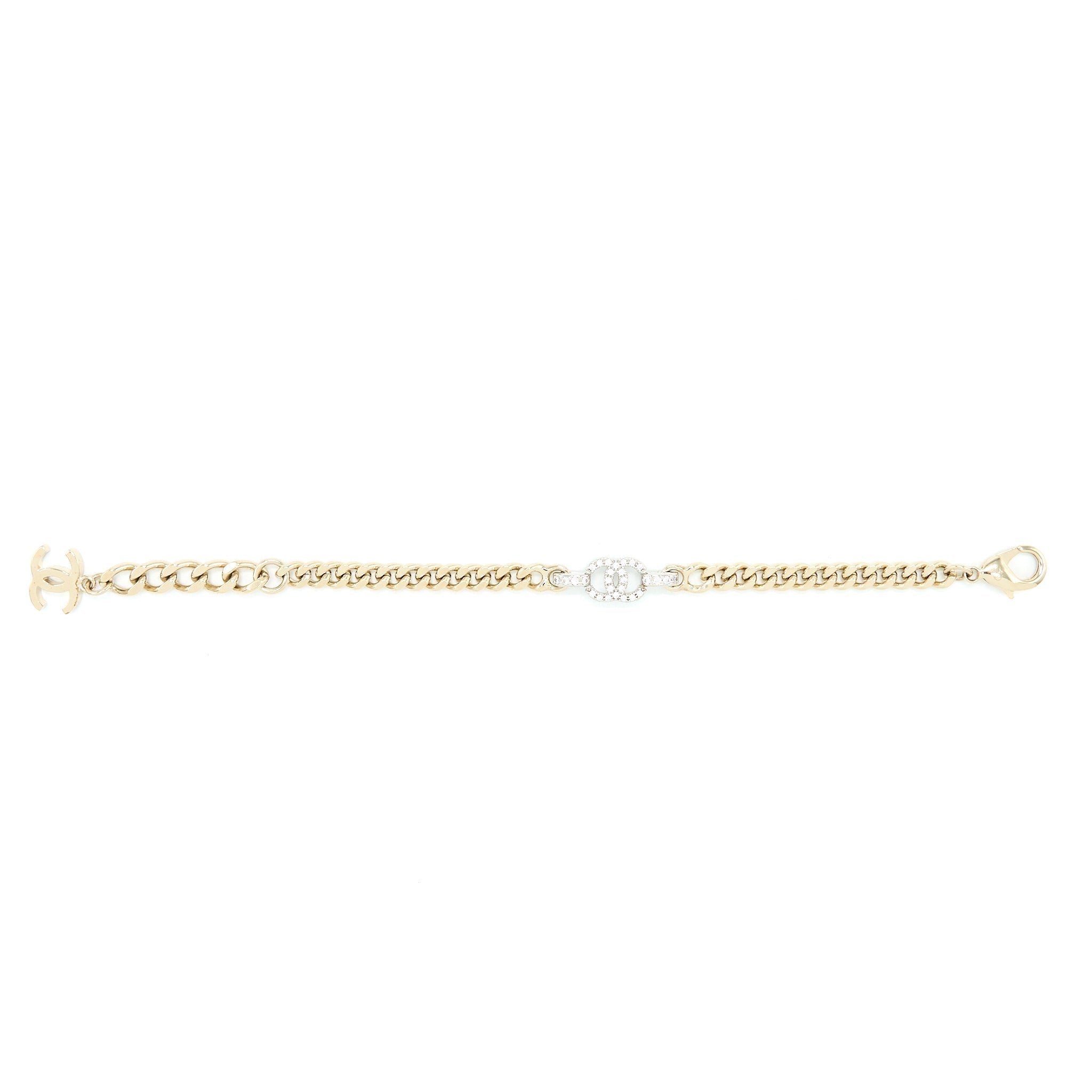 CHANEL CC LOGO CHAIN VU BRACELET CRYSTAL LIGHT GOLD TONE