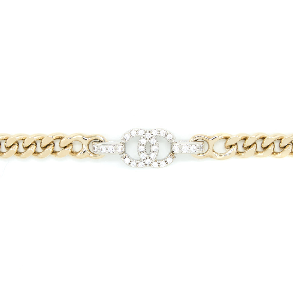 CHANEL CC LOGO CHAIN VU BRACELET CRYSTAL LIGHT GOLD TONE