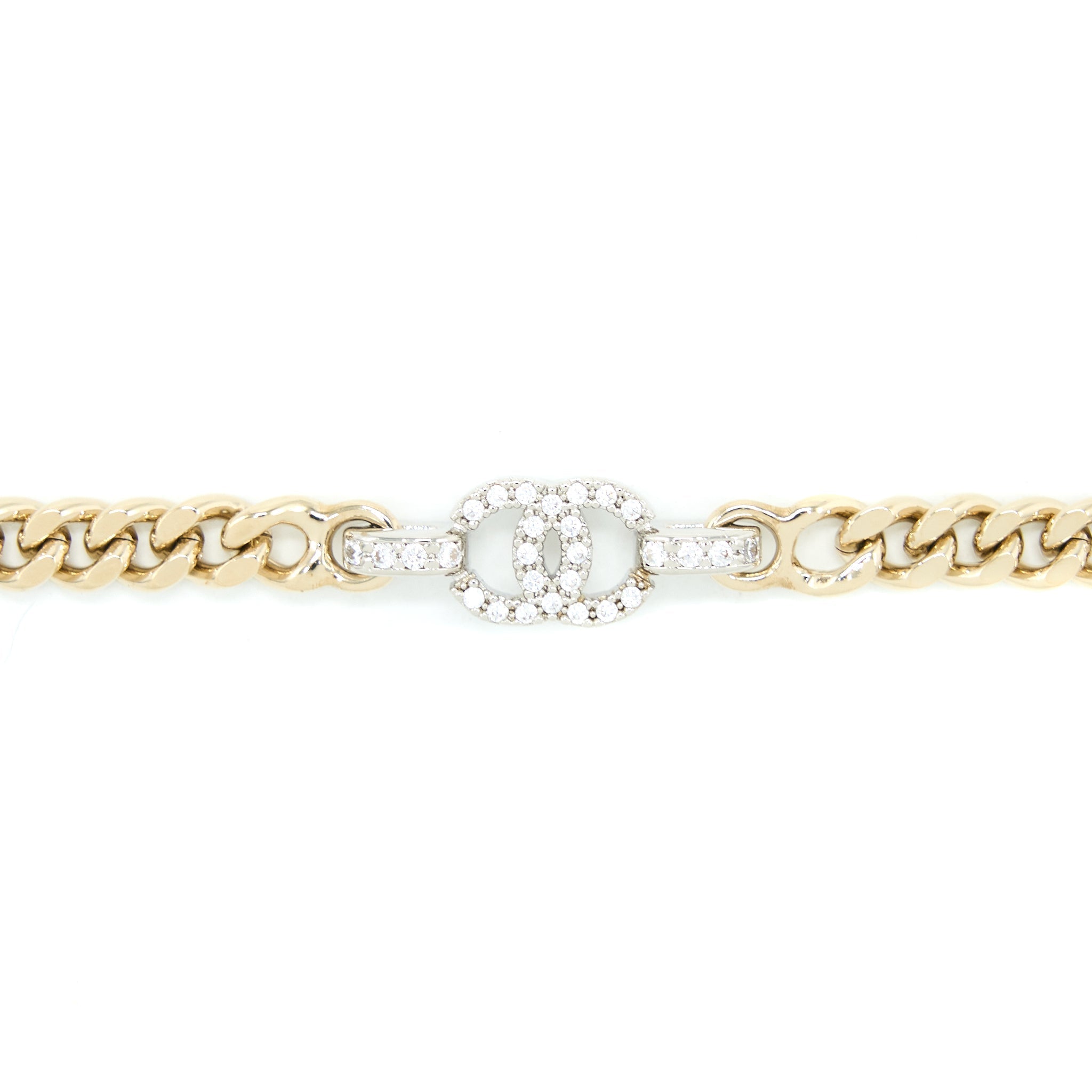 CHANEL CC LOGO CHAIN VU BRACELET CRYSTAL LIGHT GOLD TONE