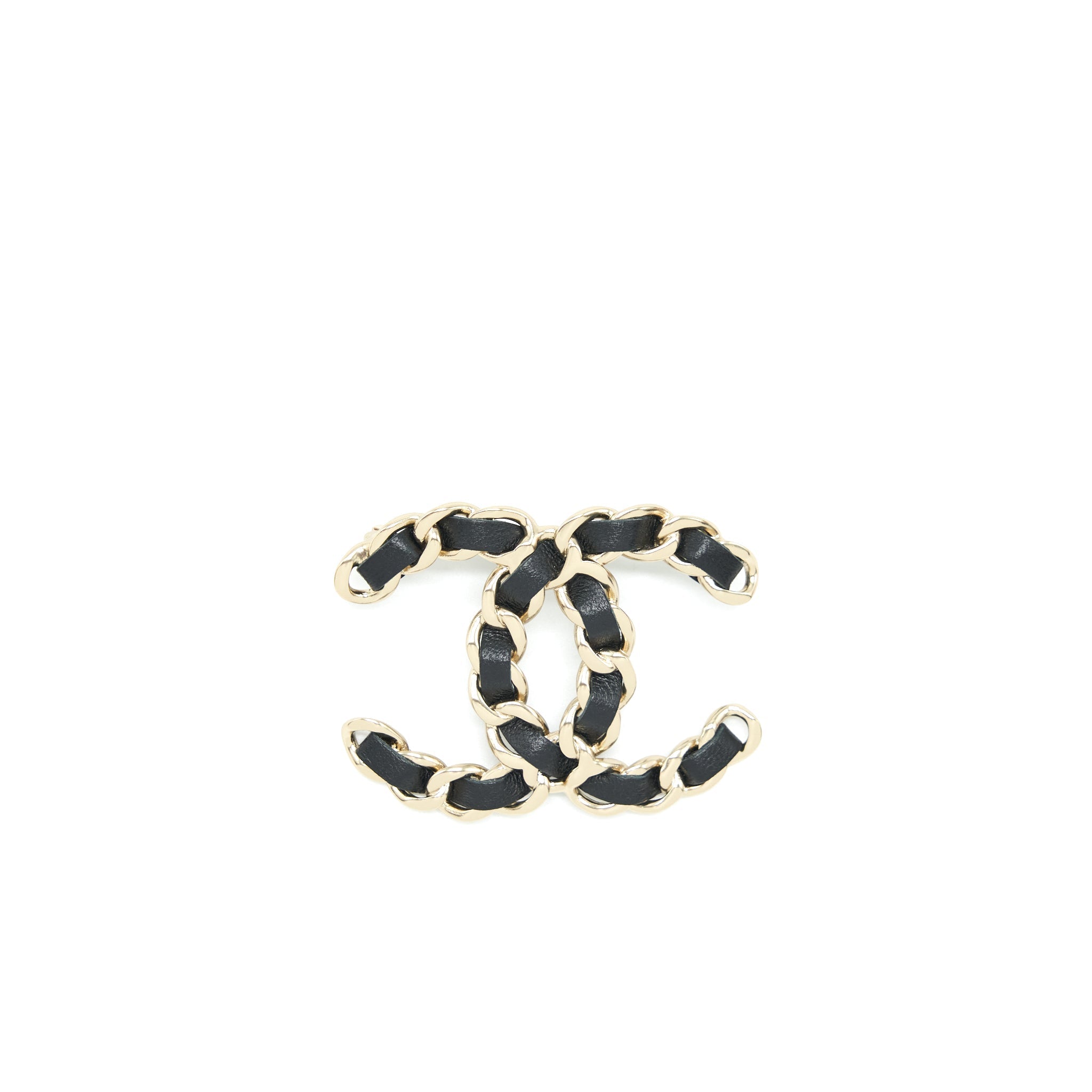 CHANEL CC LOGO LEATHER CHAIN BROOCH BLACK AND LIGHT GOLD TONE