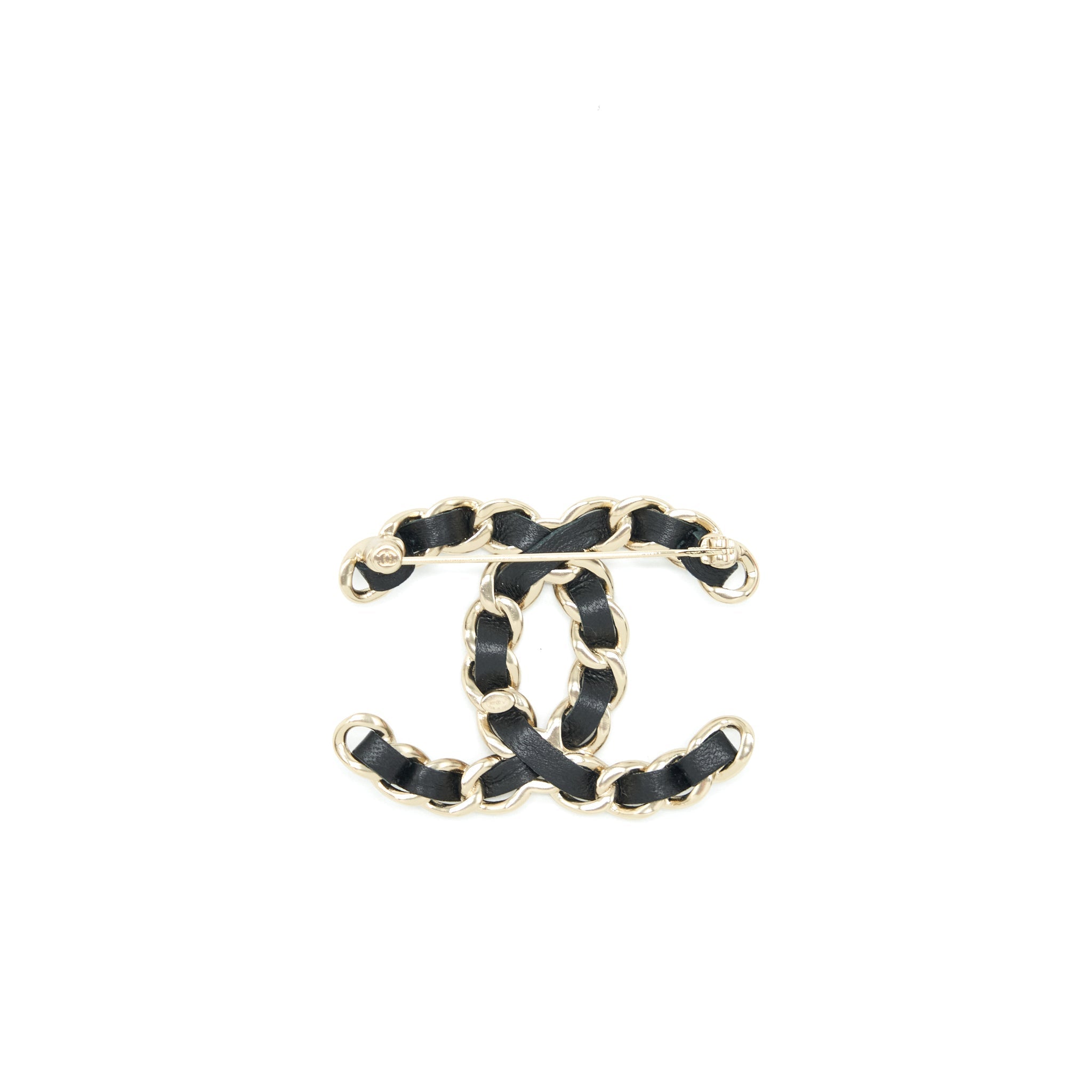 CHANEL CC LOGO LEATHER CHAIN BROOCH BLACK AND LIGHT GOLD TONE