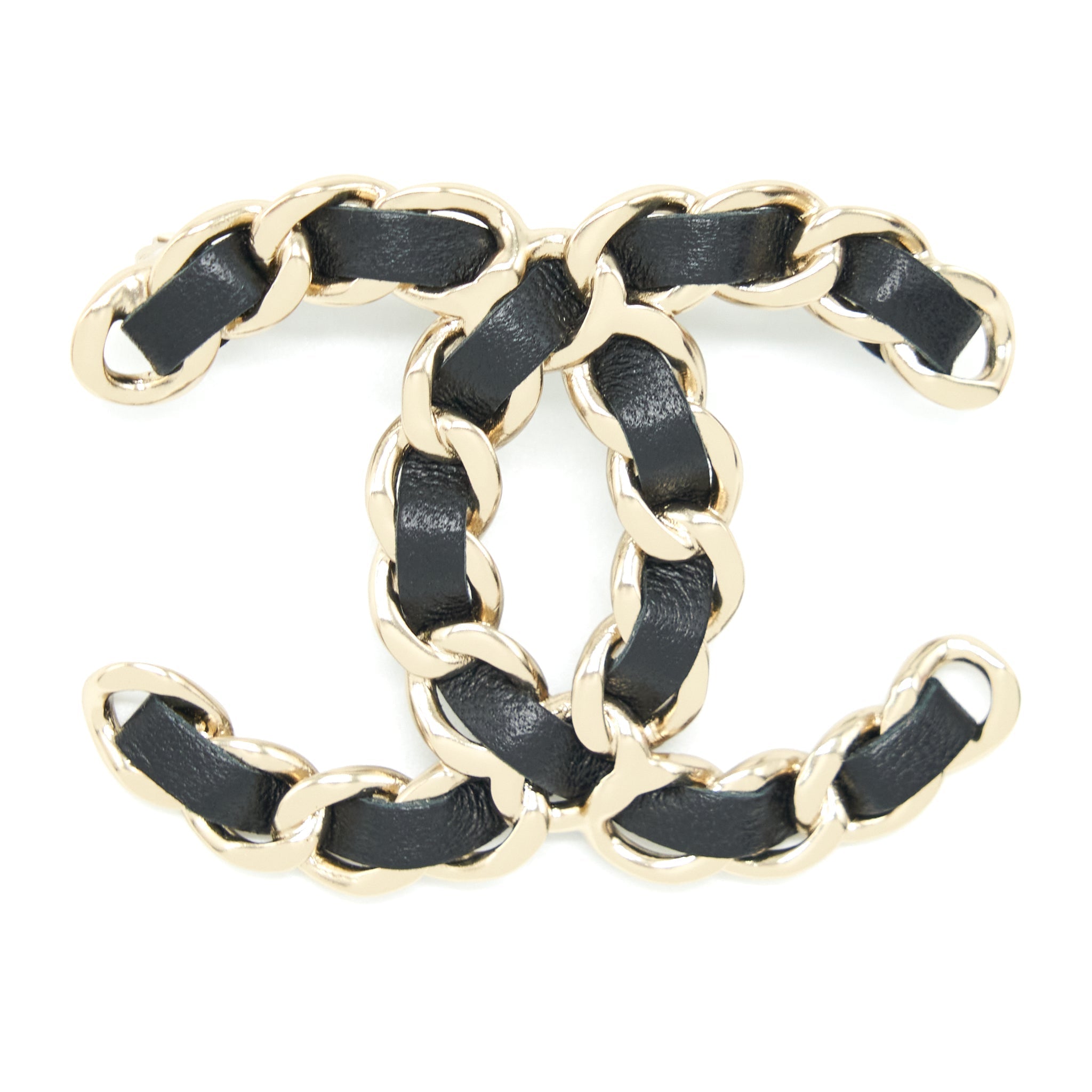 CHANEL CC LOGO LEATHER CHAIN BROOCH BLACK AND LIGHT GOLD TONE