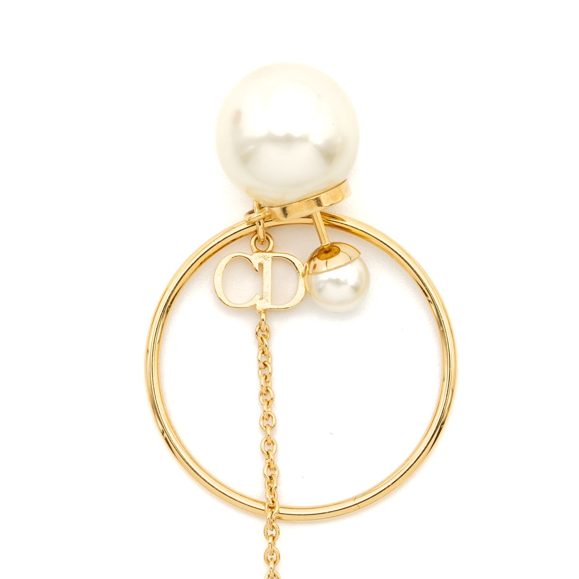 DIOR CD LOGO ROUND DROP EARRINGS PEARL GOLD TONE