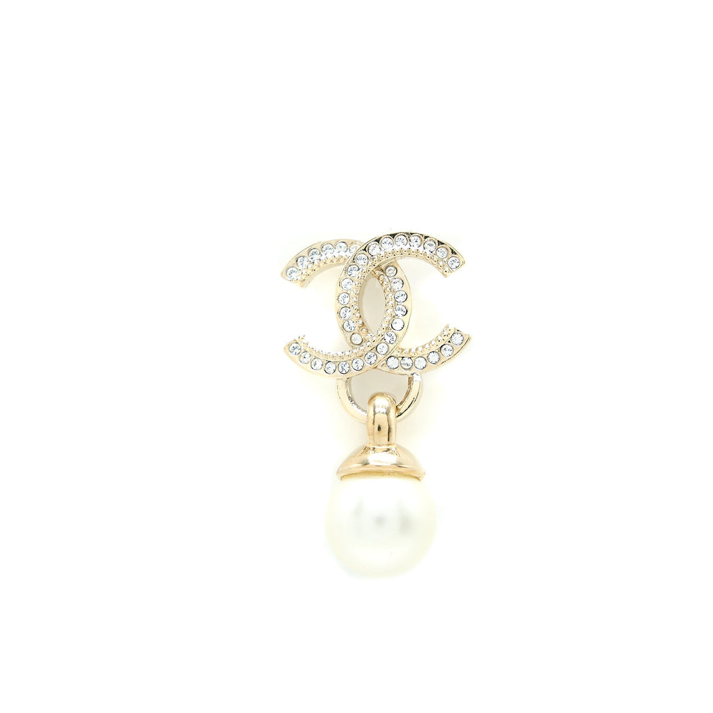 CHANEL 22K CC LOGO DROP EARRINGS CRYSTAL/PEARL LIGHT GOLD TONE