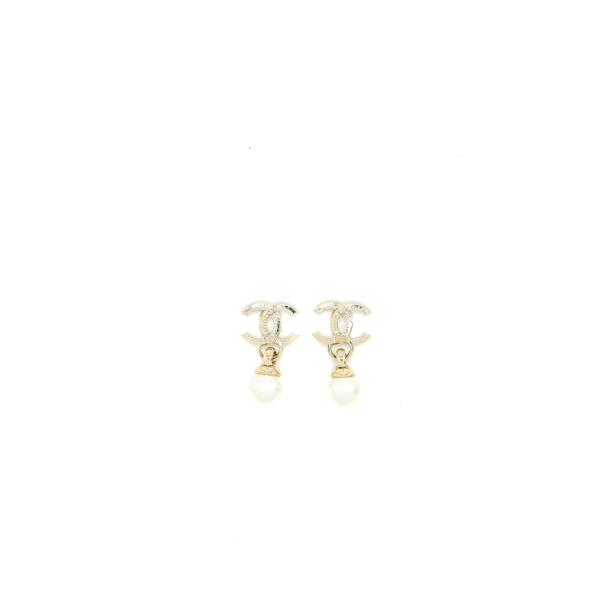 CHANEL 22K CC LOGO DROP EARRINGS CRYSTAL/PEARL LIGHT GOLD TONE