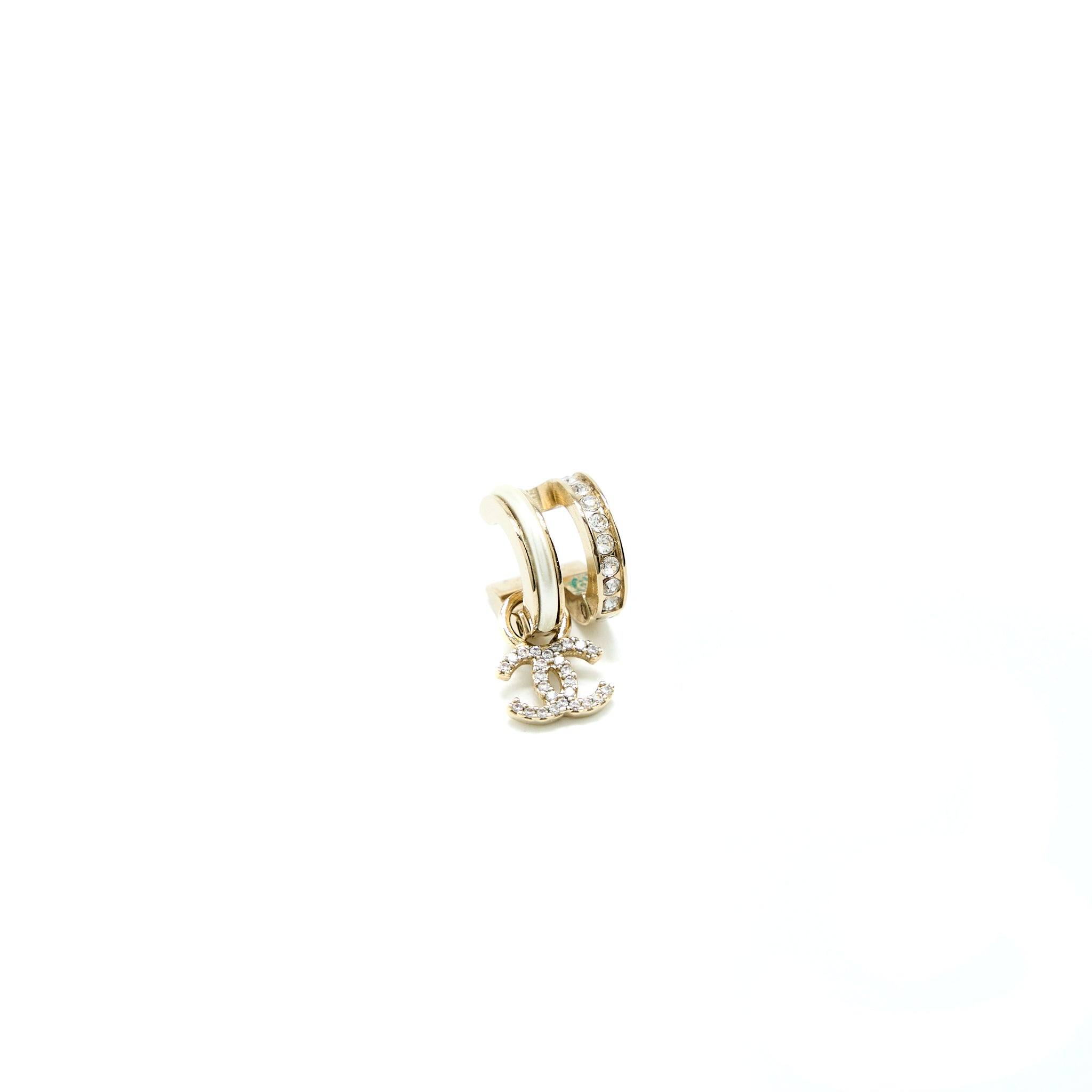 CHANEL CC LOGO DROP EARRING WITH CRYSTAL LIGHT GOLD TONE