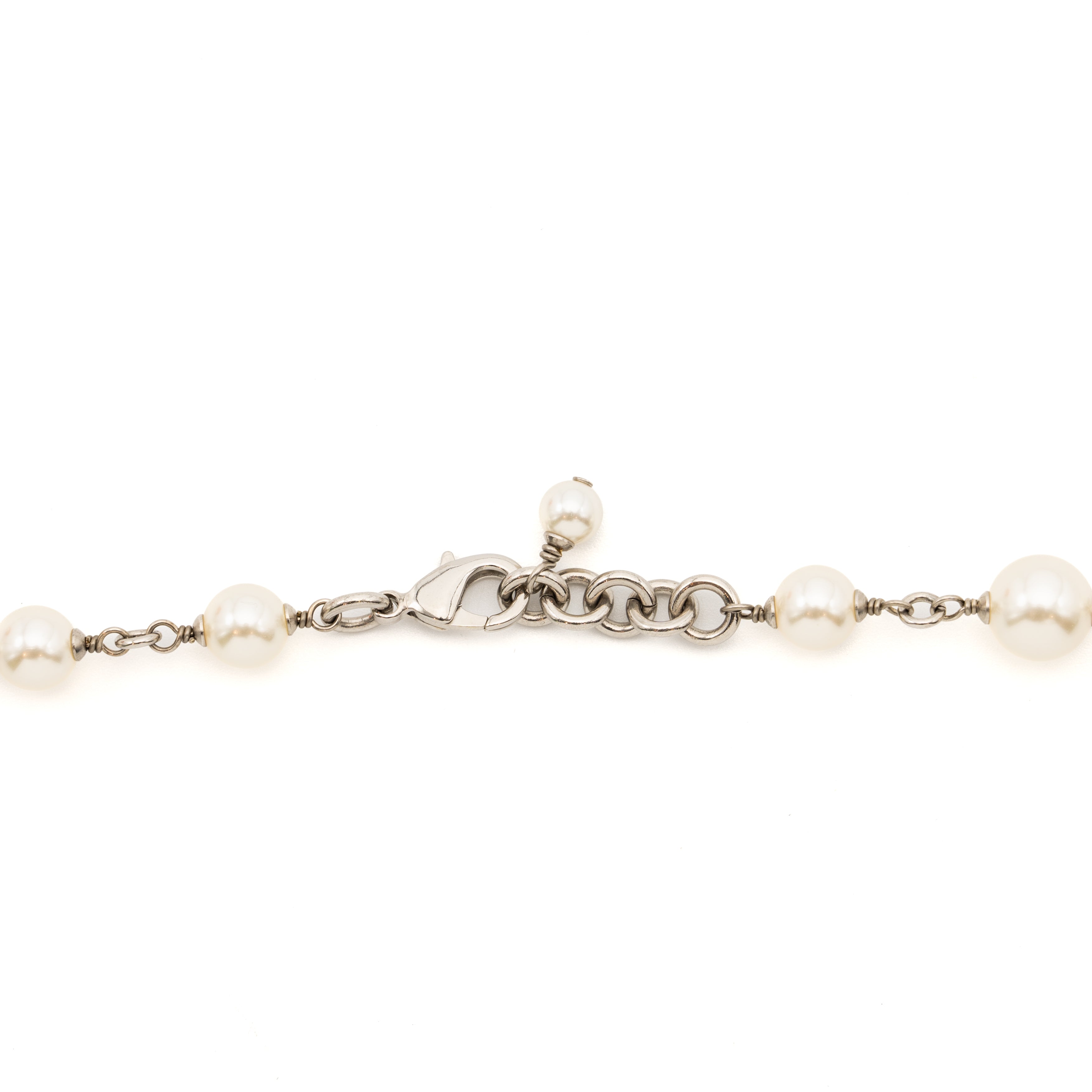 CHANEL PEARL AND CC WITH CRYSTAL LONG NECKLACE SILVER TONE