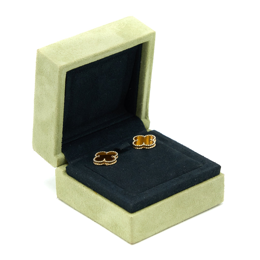 VAN CLEEF & ARPELS VINTAGE ALHAMBRA EARRINGS TIGER EYE YELLOW GOLD