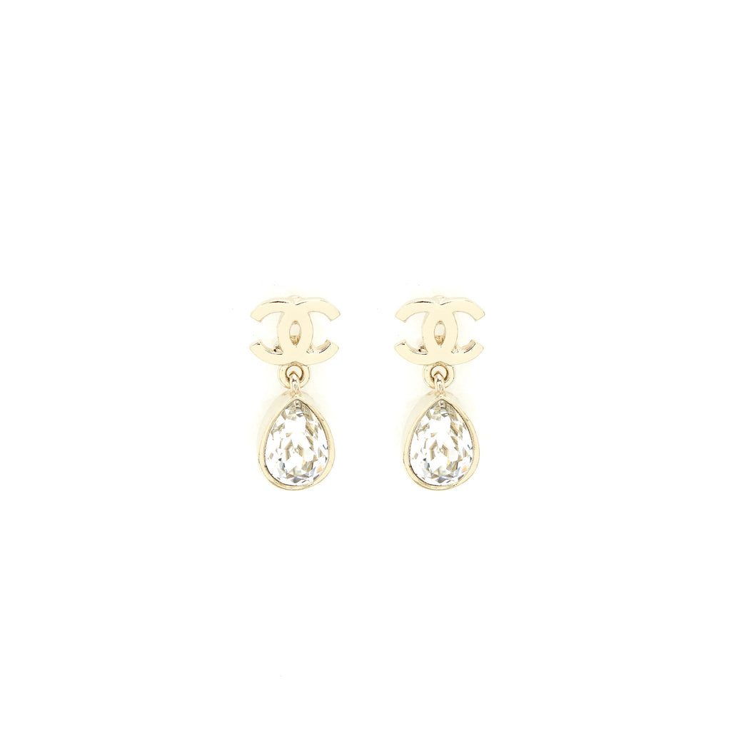 CHANEL CC AND CRYSTAL DROP EARRINGS LIGHT GOLD TONE