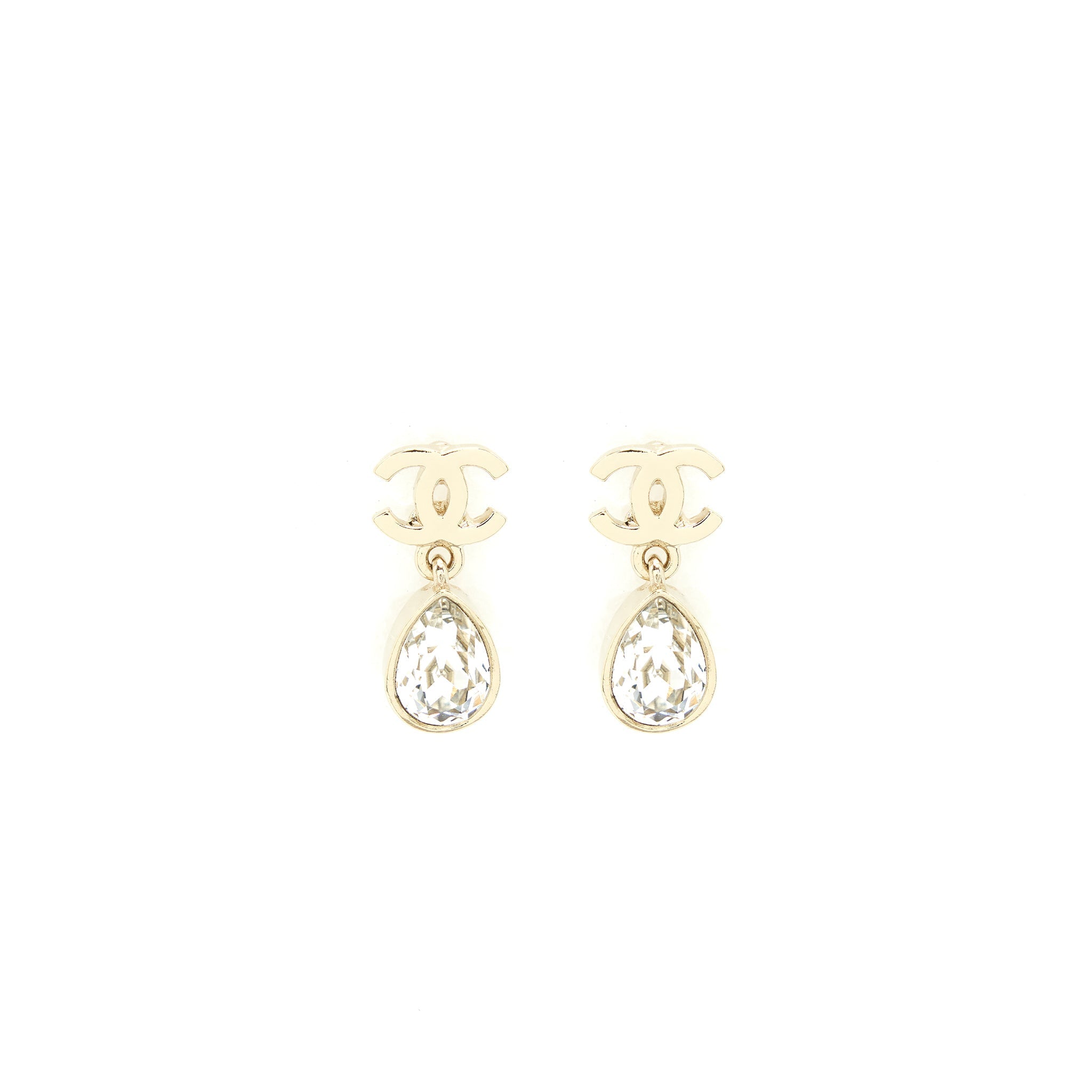 CHANEL CC AND CRYSTAL DROP EARRINGS LIGHT GOLD TONE