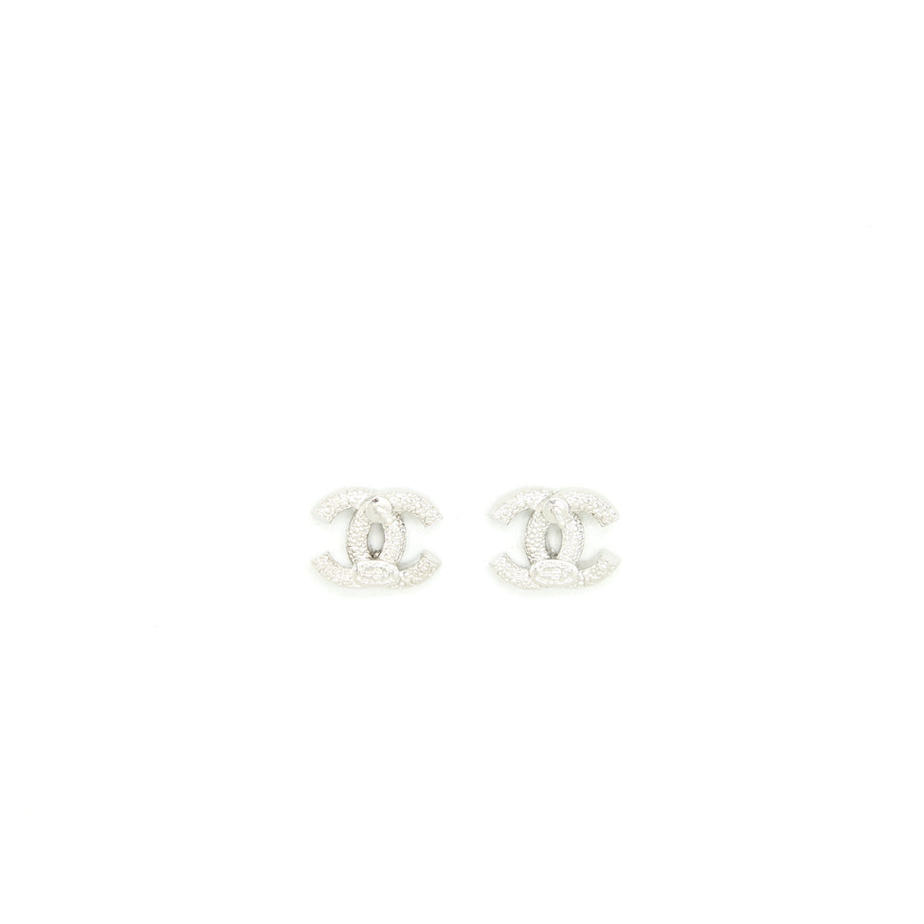 CHANEL MINI CLASSIC CC LOGO EARRINGS SILVER TONE
